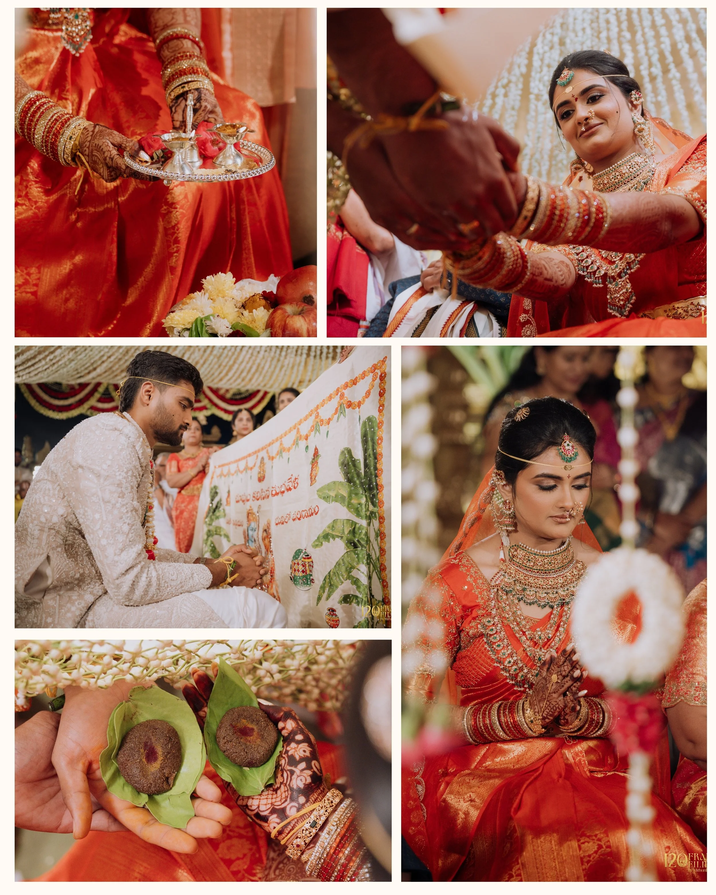 A collage of images from an Indian wedding ceremony. The images depict a woman dressed in traditional red wedding attire, adorned with jewelry, and performing ritualistic activities. Other images show the groom in traditional attire, holding a decora