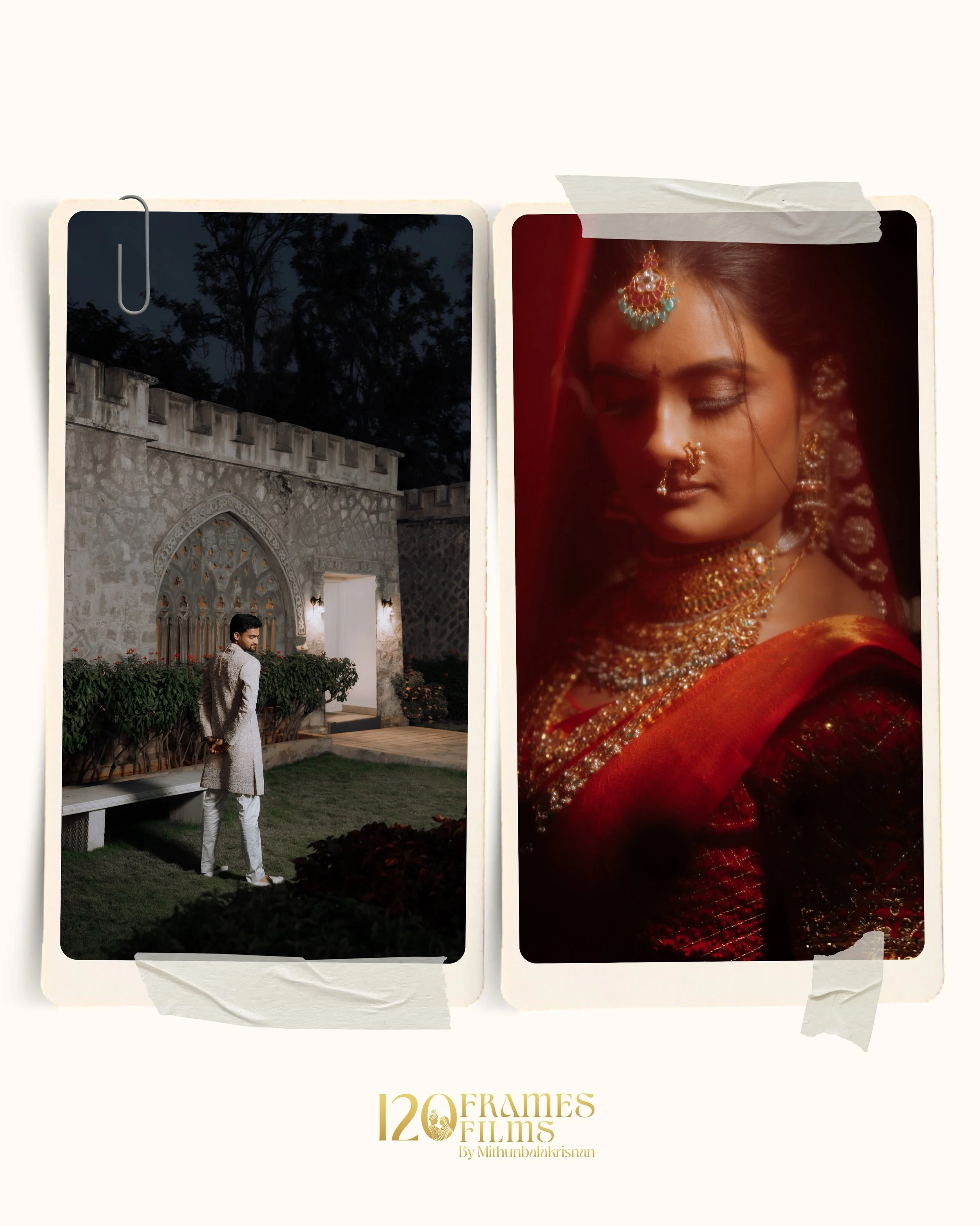 A collage of two photographs with a white background. The left photo shows a man in traditional Indian attire standing near a stone wall with archways and greenery at dusk. The right photo is a close-up of a woman dressed in elaborate traditional Ind