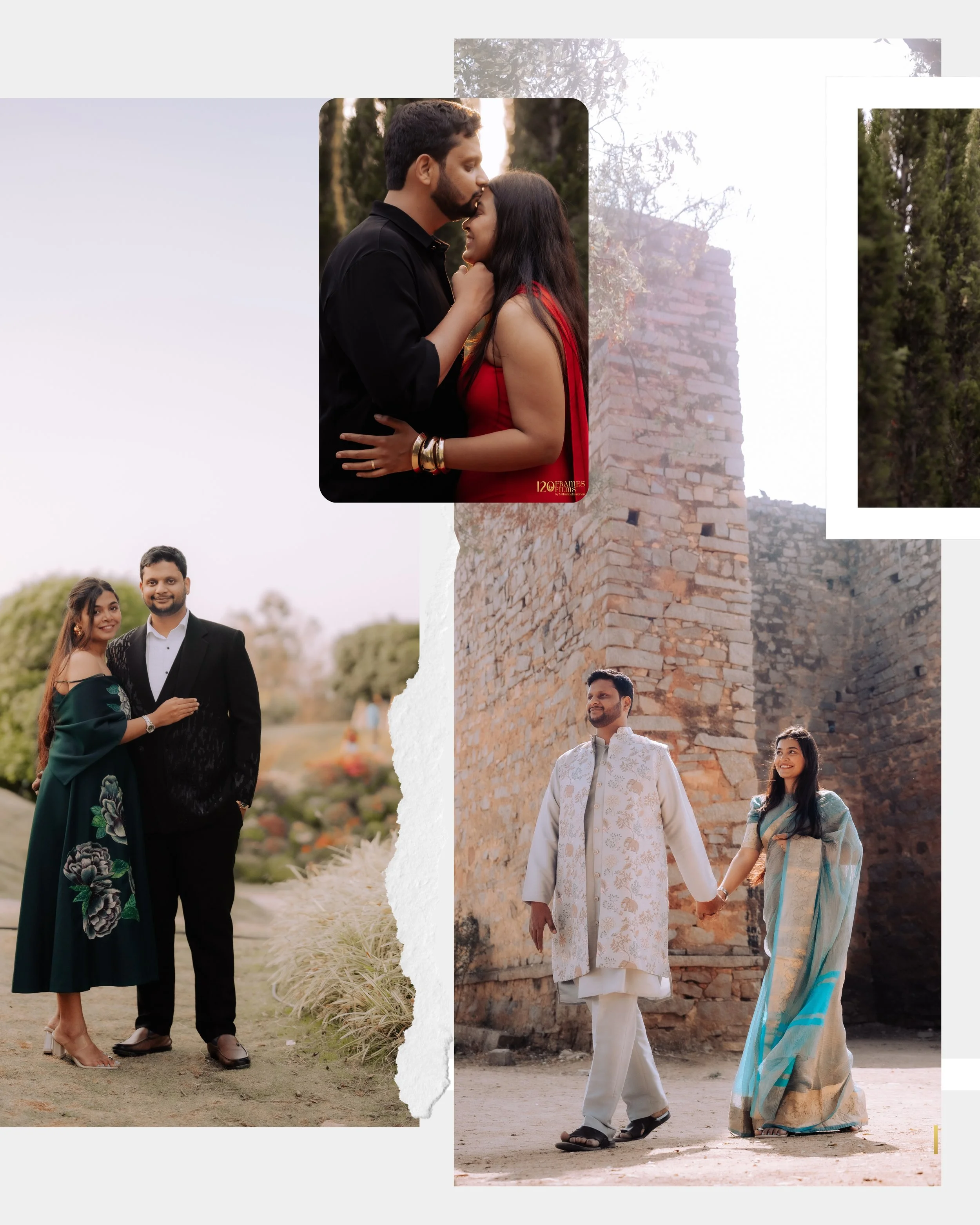 Collage of three couples dressed in traditional Indian attire, outdoors near an ancient brick structure and greenery, during sunset.