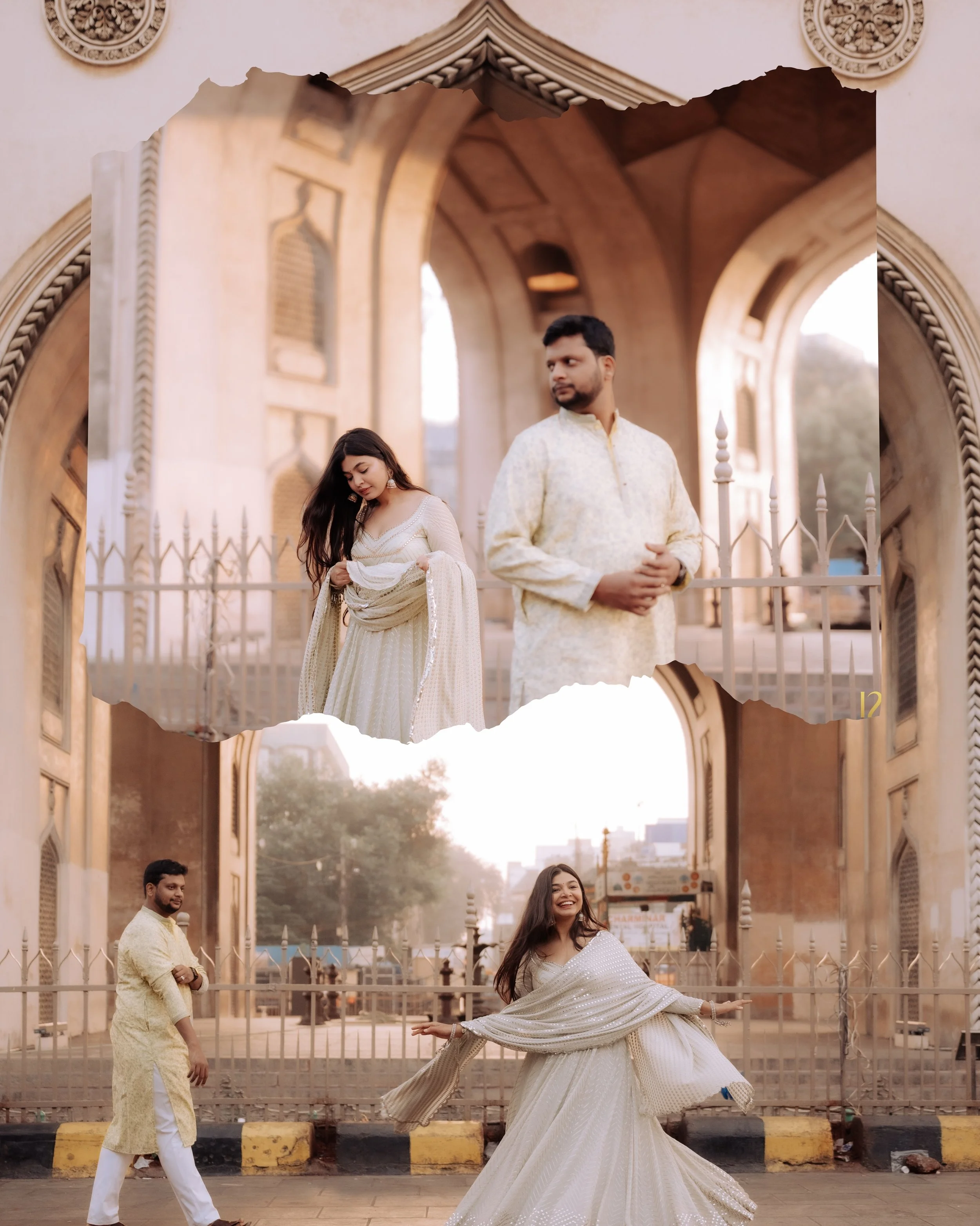 A couple dressed in traditional Indian wedding attire enjoying a photo session in front of an ornate gateway with decorative arches and columns during sunset.