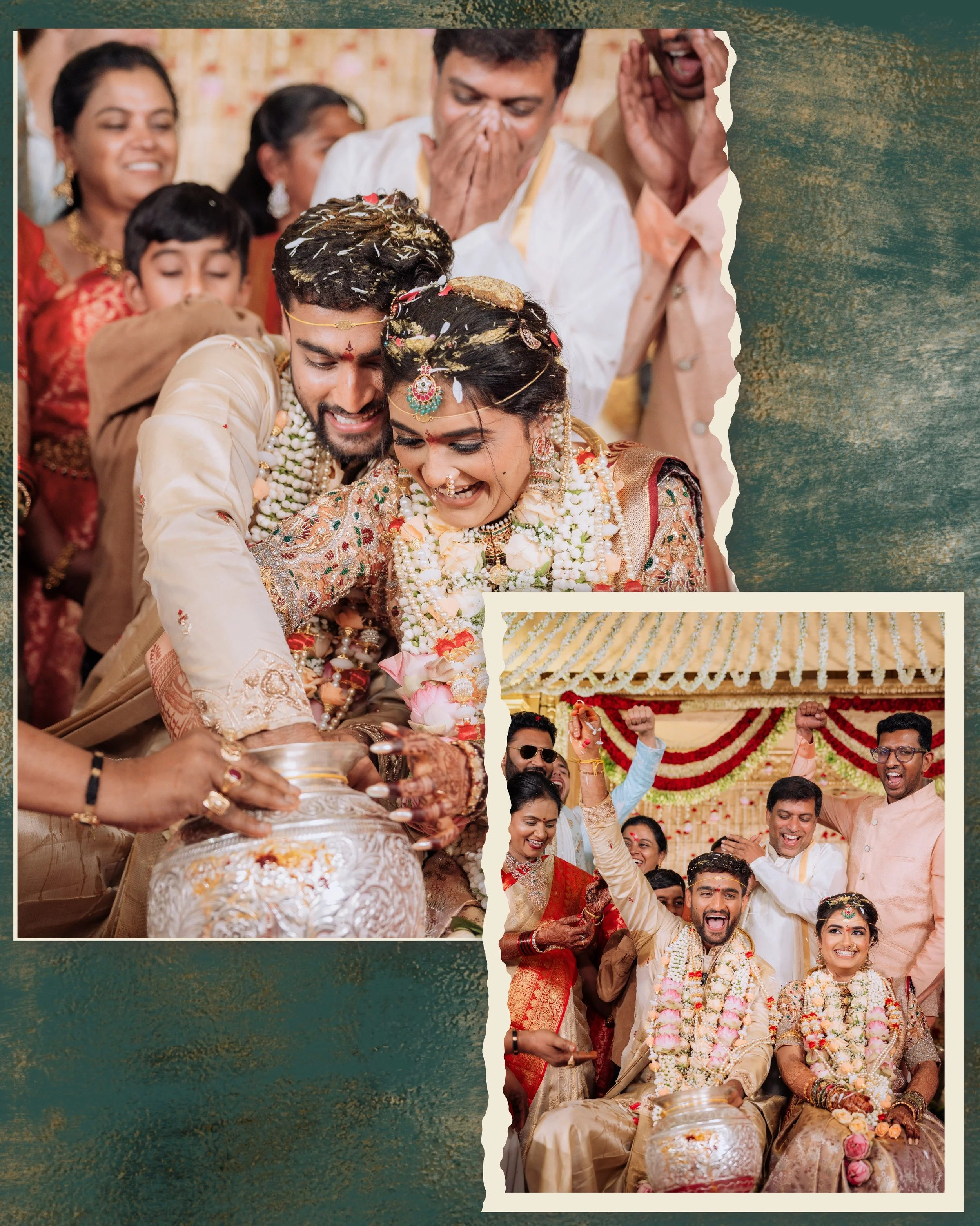 A group of people celebrating at a traditional Indian wedding, with some dressed in colorful attire, floral garlands, and jewelry, participating in rituals and smiling in a decorated hall.