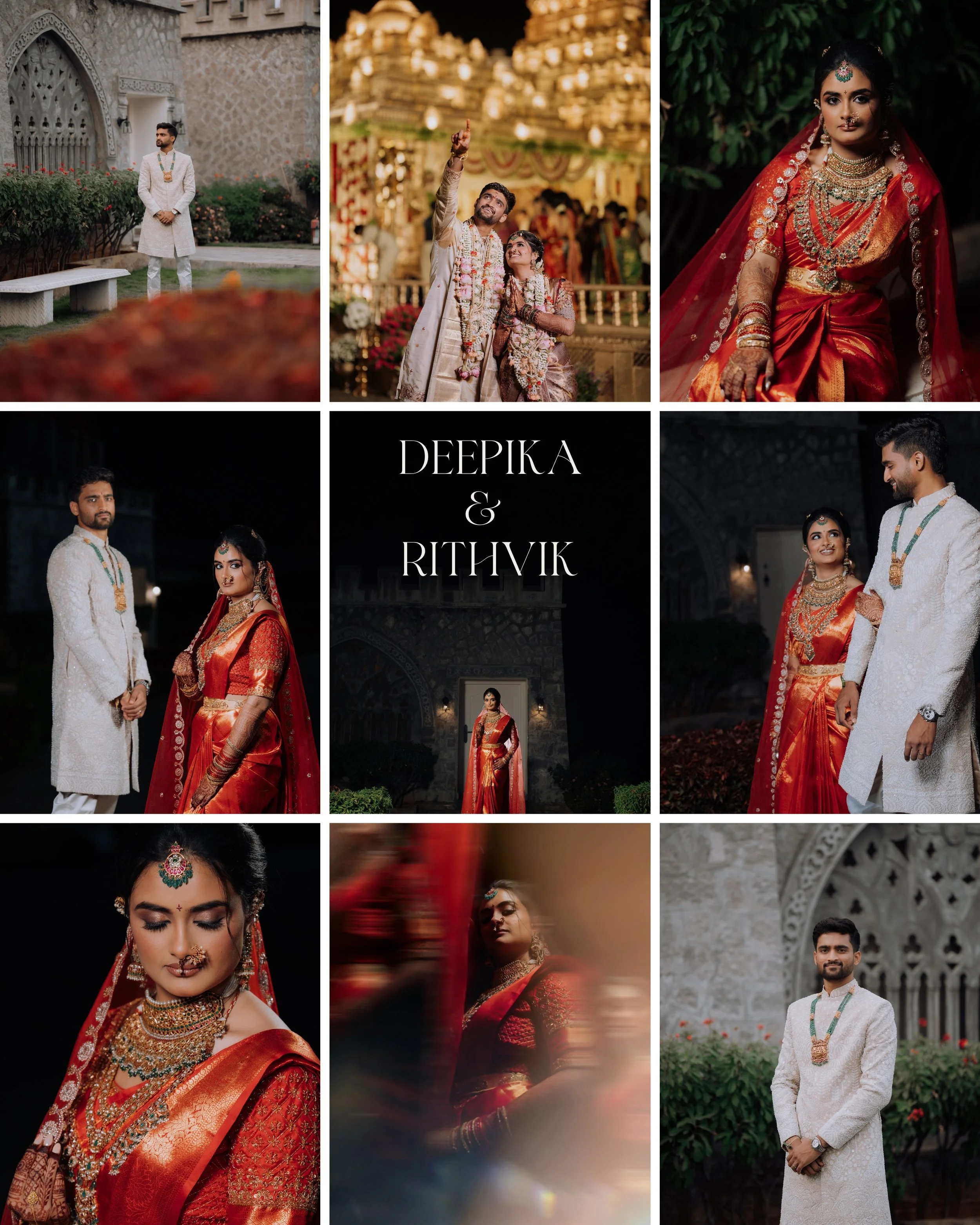 Collage of photos from an Indian wedding featuring a bride in a red sari with traditional jewelry, a groom in a white sherwani, and scenes of the wedding ceremony with the couple celebrating and posing.