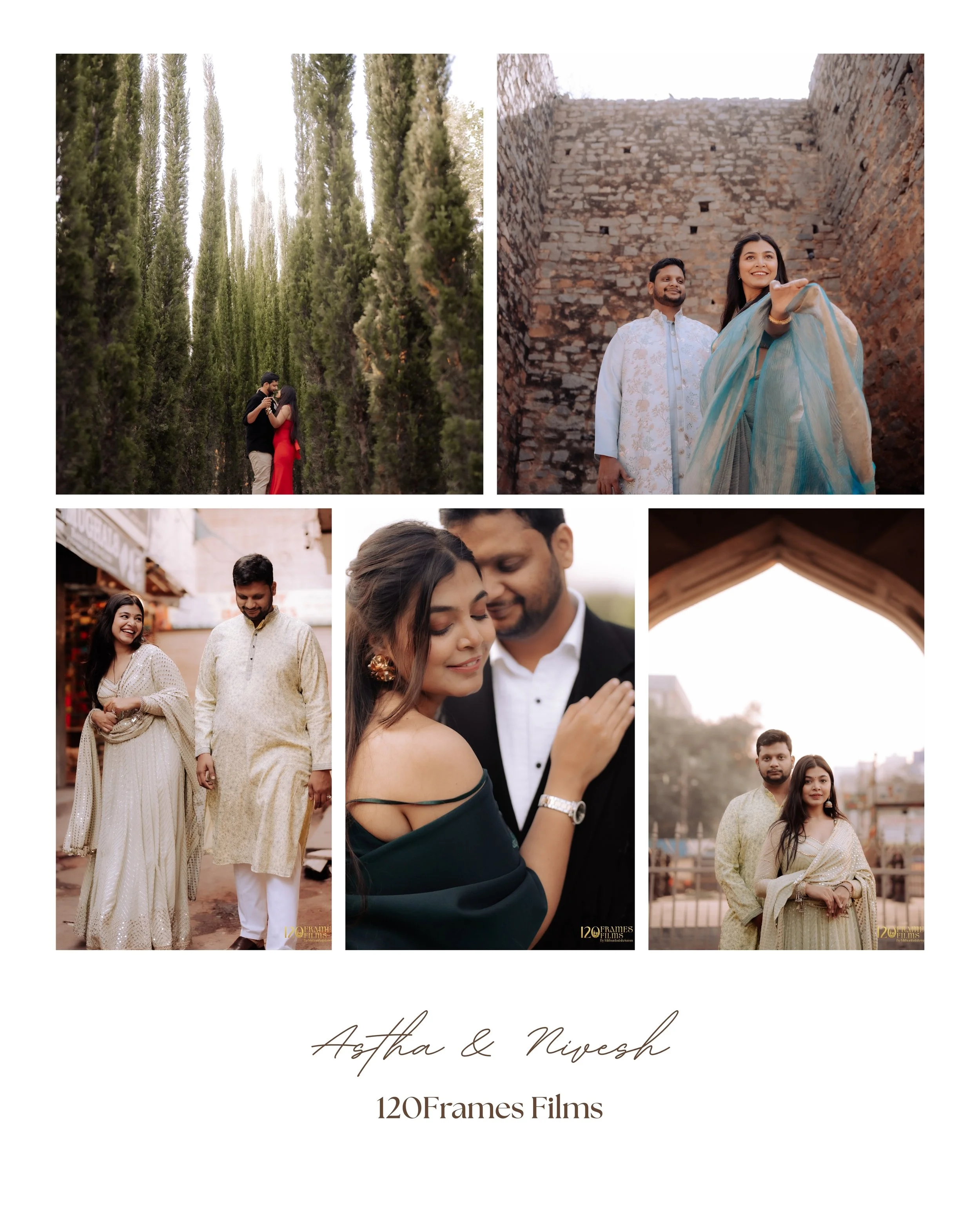 Collage of several photos featuring a couple dressed in traditional Indian attire, with natural and historic architectural backgrounds. The overall design is elegant with the couple's names, Astha & Niyesh, and the text "120 Frames Films" at the bott