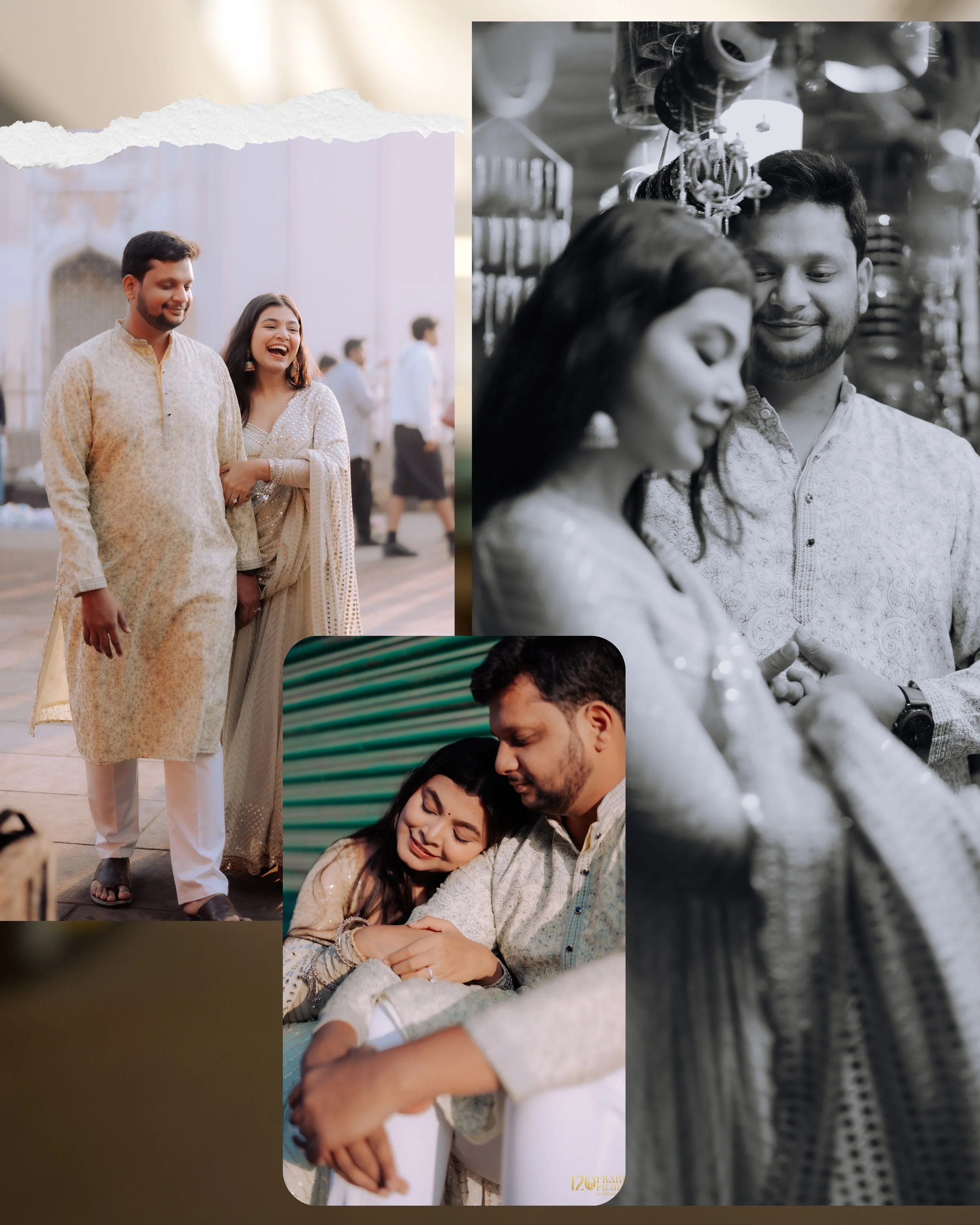 A couple dressed in traditional Indian attire sharing a close and intimate moment, smiling and holding hands indoors.