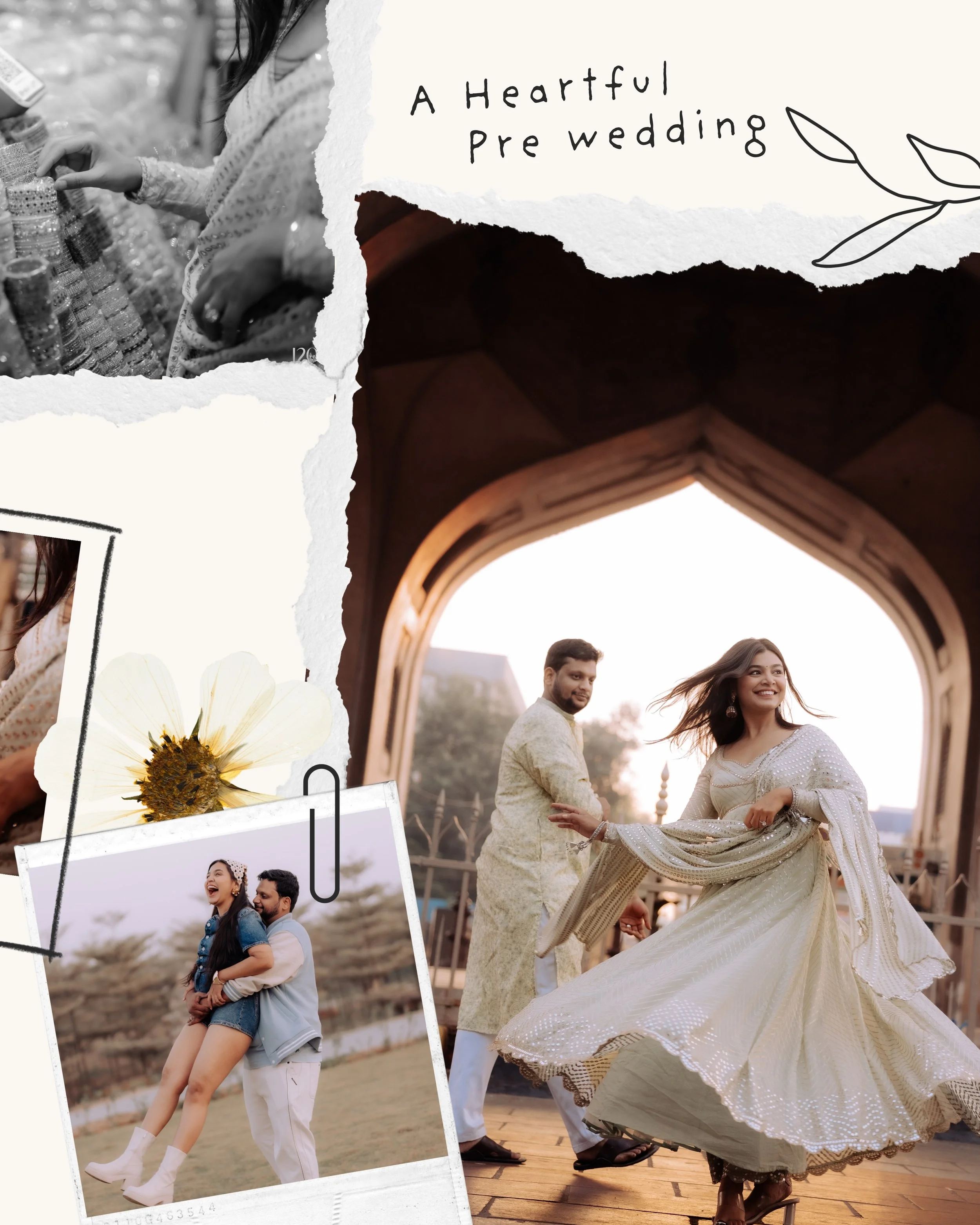 Pre-wedding celebration with a couple dressed in traditional Indian attire, sharing a dance on a wooden platform outdoors, with a couple of guesses in the background. The setting appears to be a wedding venue with warm lighting during sunset.