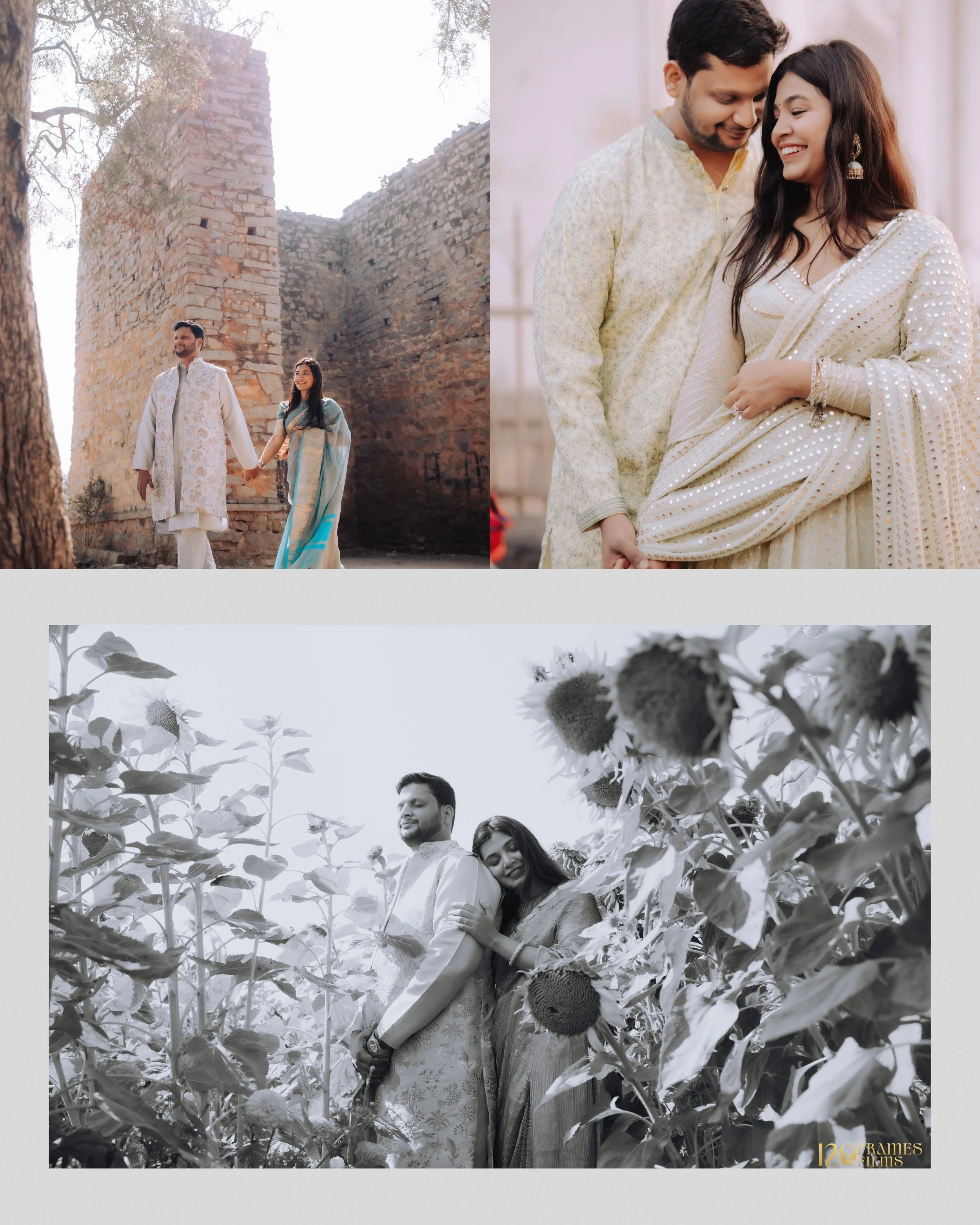 A couple walking hand in hand in front of an ancient stone ruin, holding hands and smiling, with sunlight filtering through trees. In a separate black-and-white picture, the same couple is standing among sunflower plants, embracing and smiling.