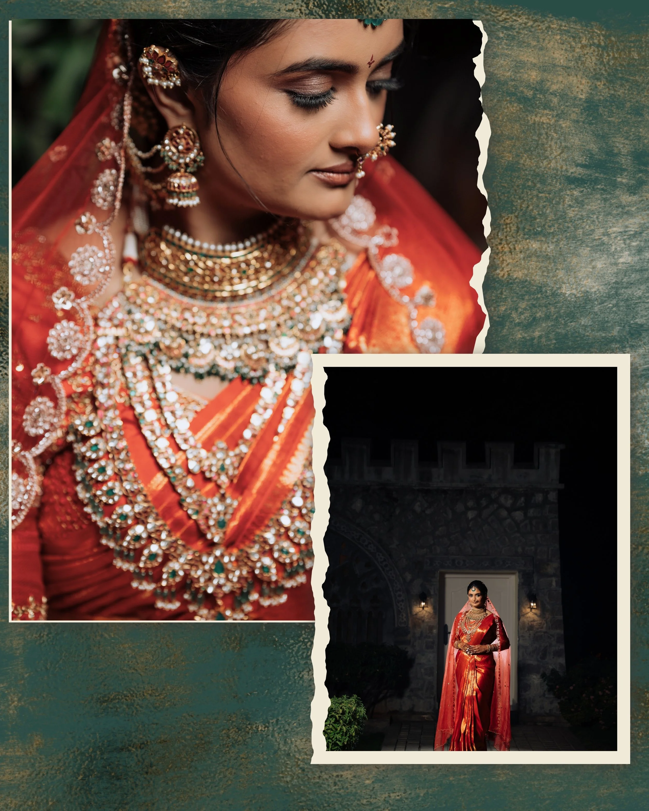 Close-up of a woman wearing traditional Indian bridal attire, jewelry, and braces, with elaborate jewelry including earrings, necklace, hair accessories, and a nose ring, dressed in a red saree. The image is cropped with some torn edge effects and a 