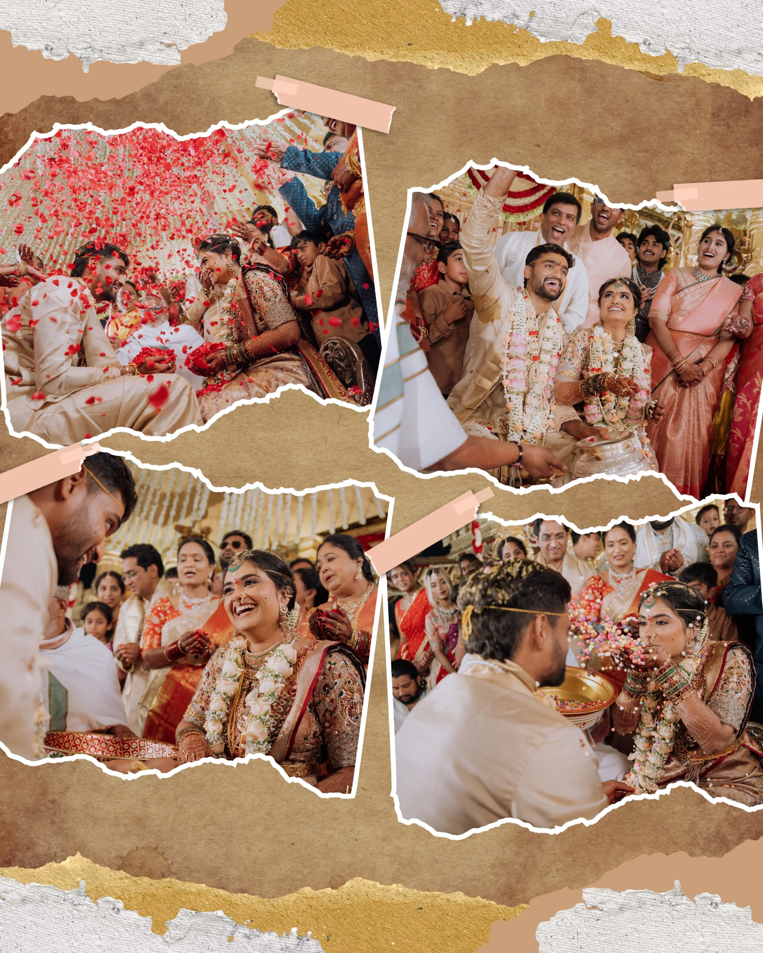 Group of people celebrating an Indian wedding ceremony, exchanging flower garlands, with some throwing flower petals and others smiling and watching.