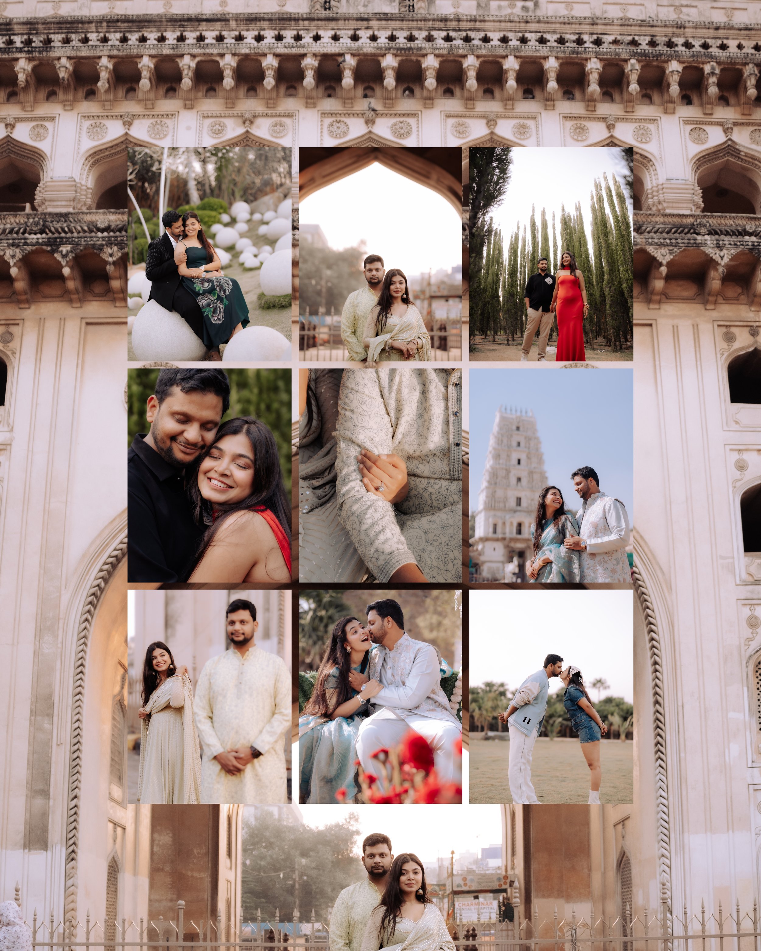 A collage of several couples posing outdoors at a historic monument with intricate architectural details. The background features a tall, white tower and lush greenery.