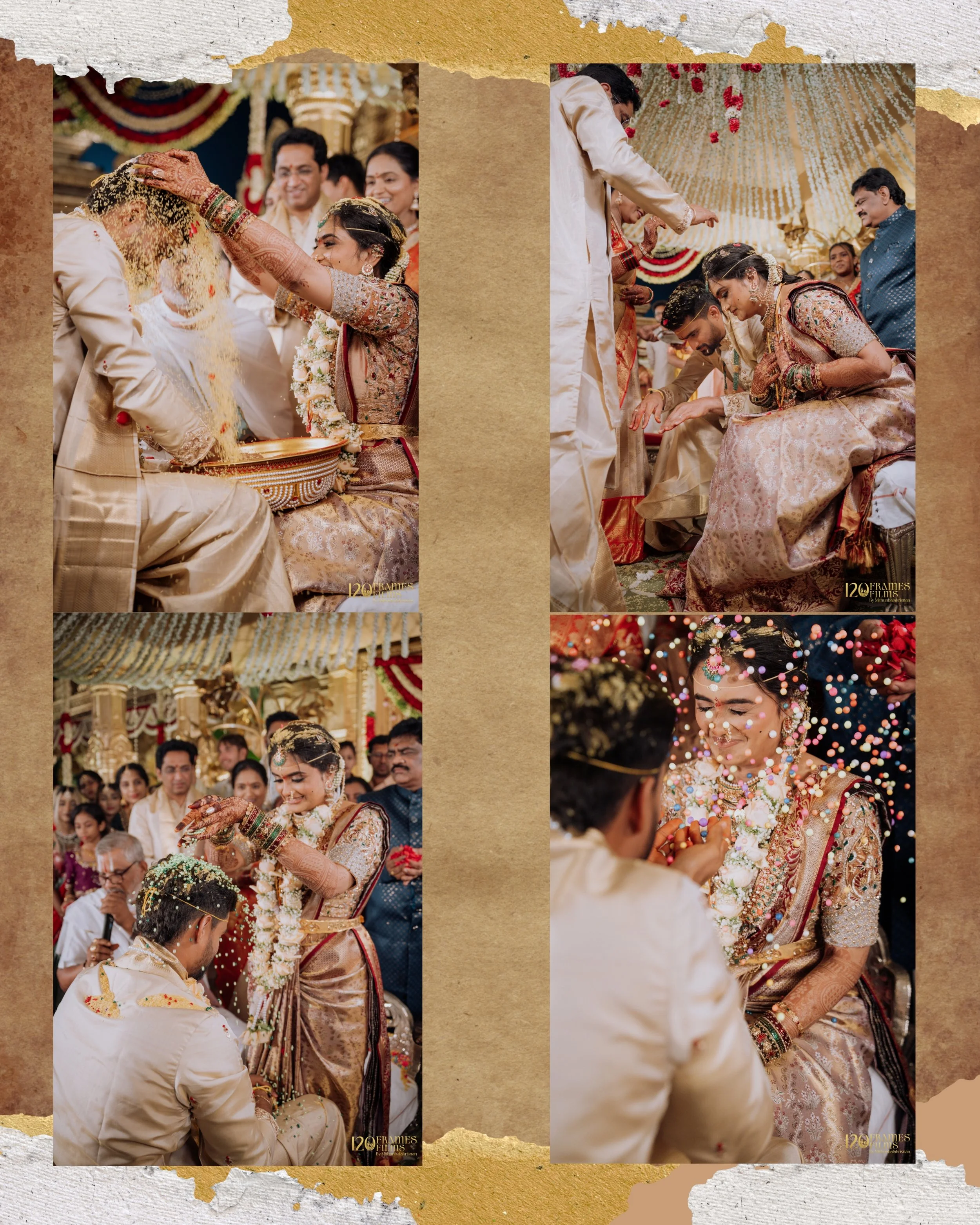 A traditional Indian wedding ceremony with the bride and groom exchanging garlands, surrounded by family and friends, with colorful decorations and floral arrangements.