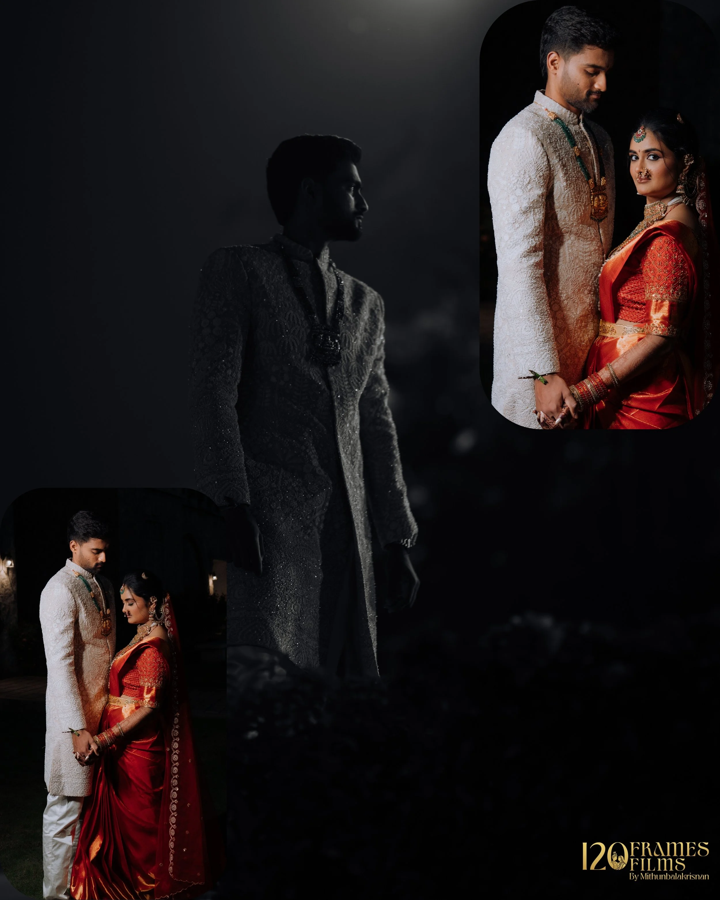 A South Asian couple is dressed in traditional Indian wedding attire. The groom is wearing an ornate, cream-colored sherwani with intricate embroidery. The bride is wearing a rich, red bridal saree with gold accents, elaborate jewelry including a nec