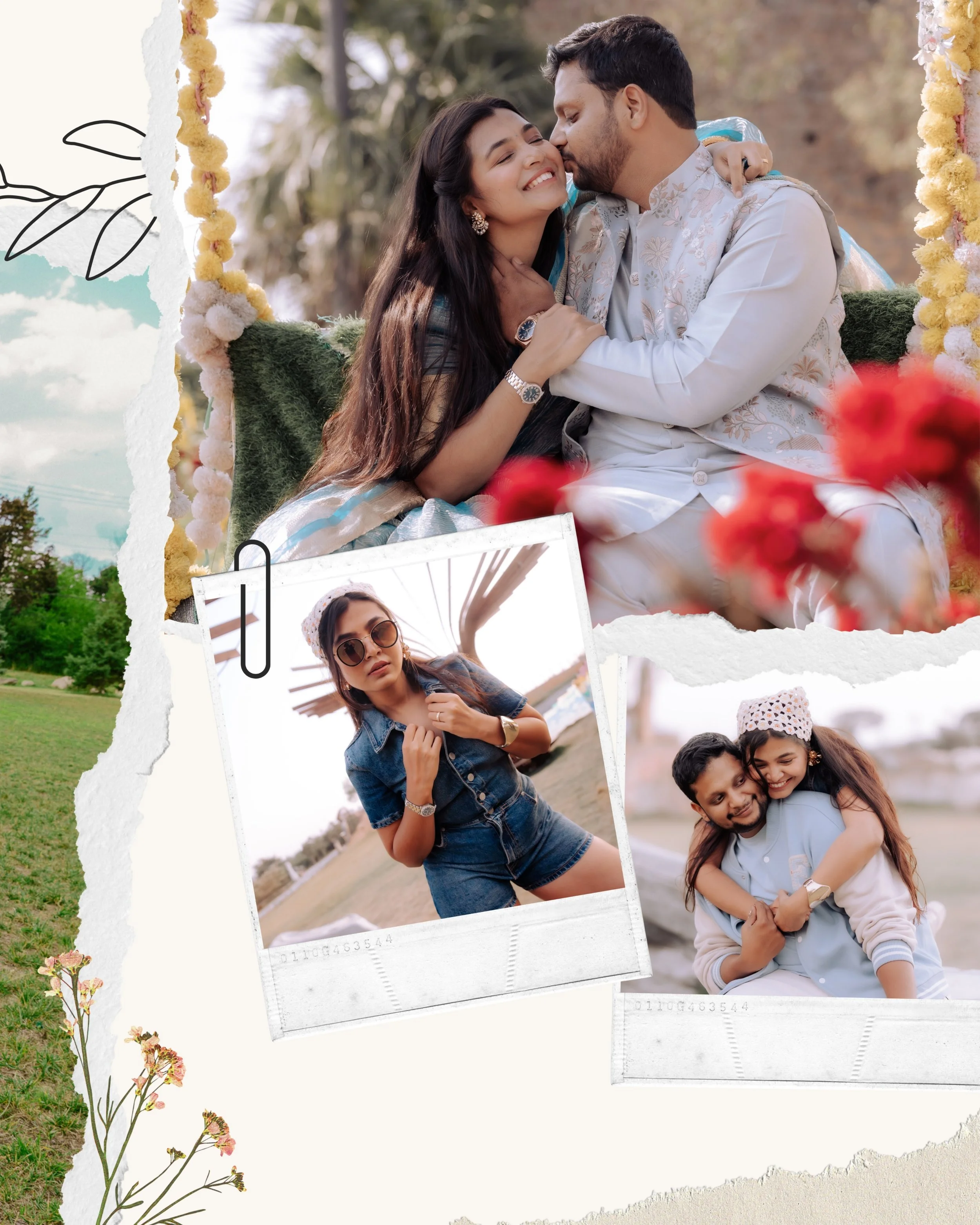A collage of three photographs, two featuring couples and one a woman. The top photo shows a couple with the woman smiling and the man kissing her cheek, both dressed in traditional South Asian attire, sitting on a decorated float outdoors. The middl