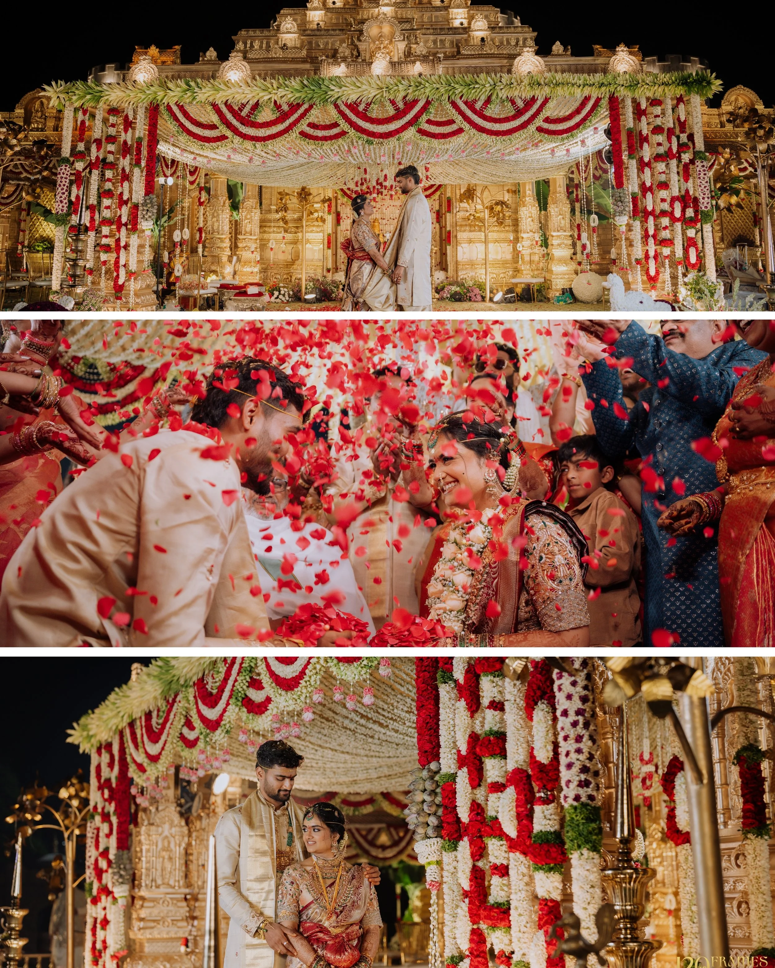 A traditional Indian wedding ceremony taking place on a decorated float or chariot, adorned with flowers and gold accents, with the bride and groom dressed in traditional attire, surrounded by family and friends.