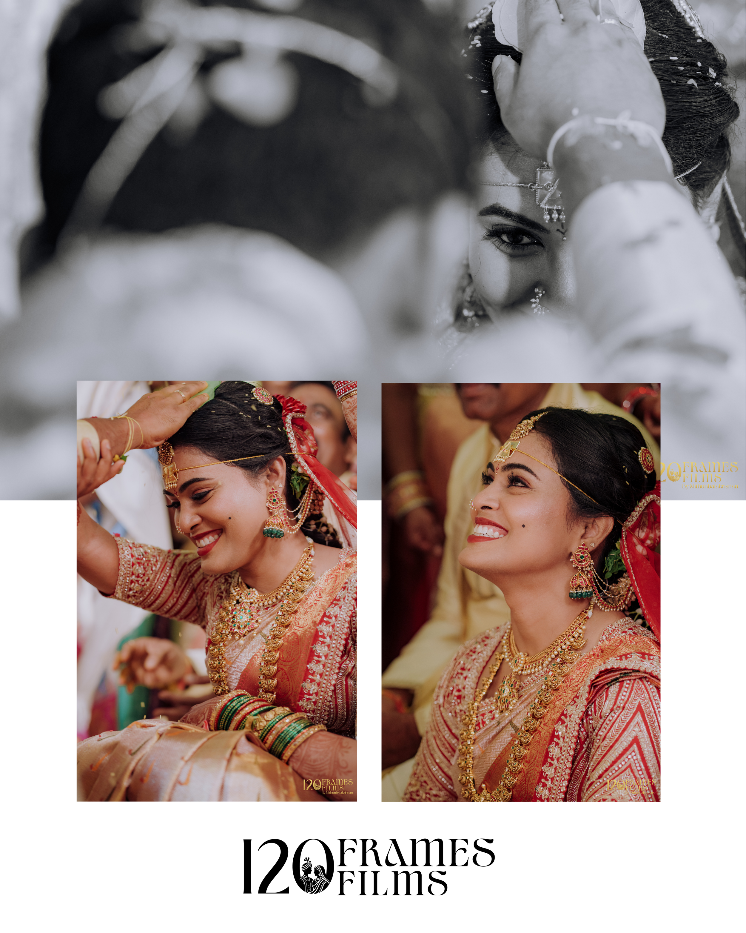 Series of photos showing women in traditional Indian attire and jewelry, participating in a cultural wedding ceremony.