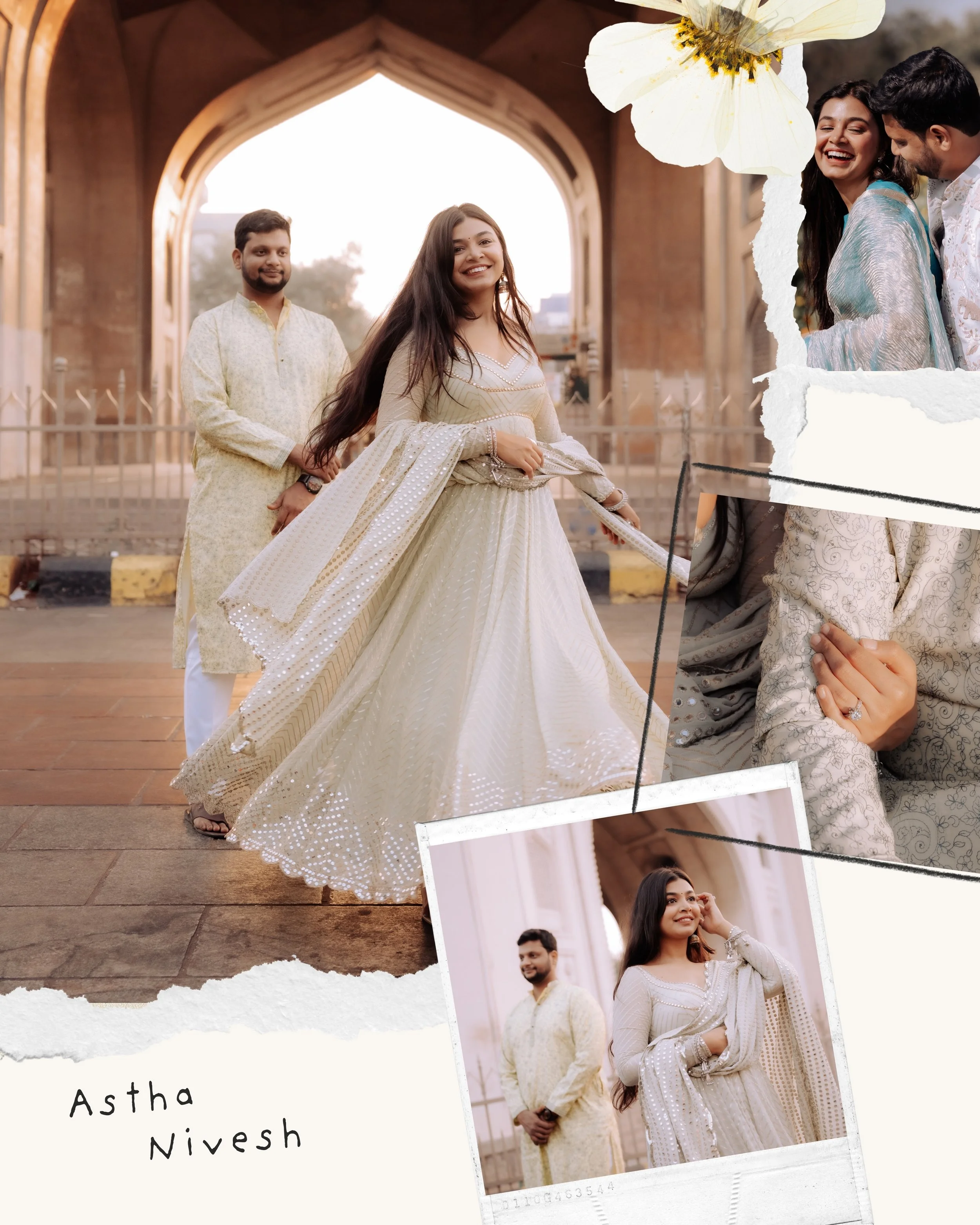 A woman in traditional Indian attire smiling, standing outdoors with a man behind her, with two other people in the background. The photo collage includes pictures of the woman and a man, with a flower and torn paper effects.