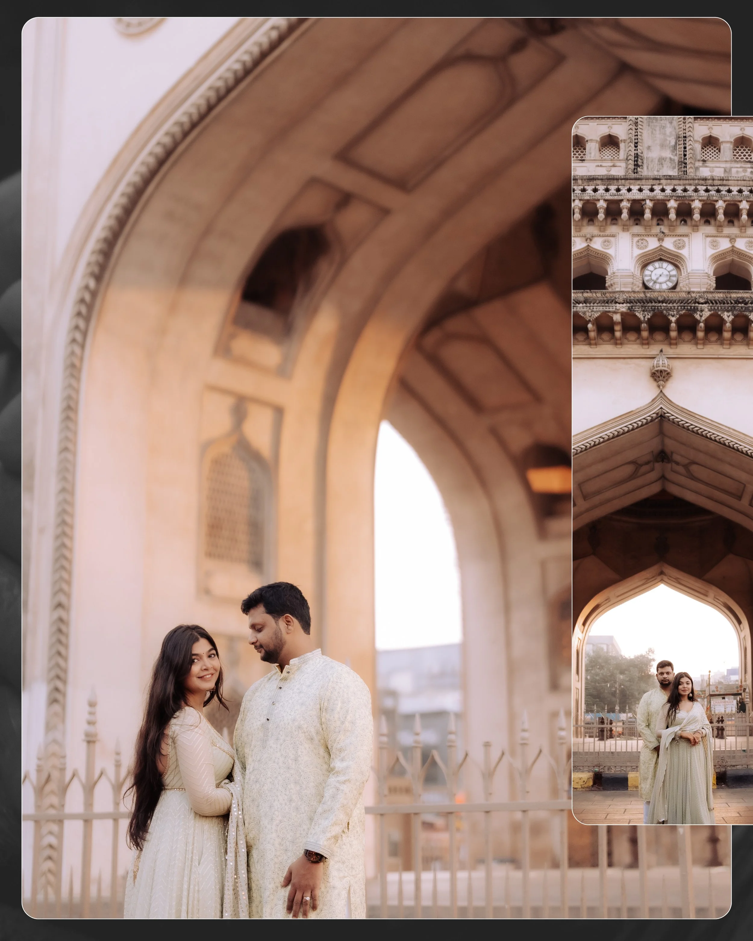 A couple dressed in traditional Indian attire standing close to each other under an ornate archway with intricate architectural details, at sunset.