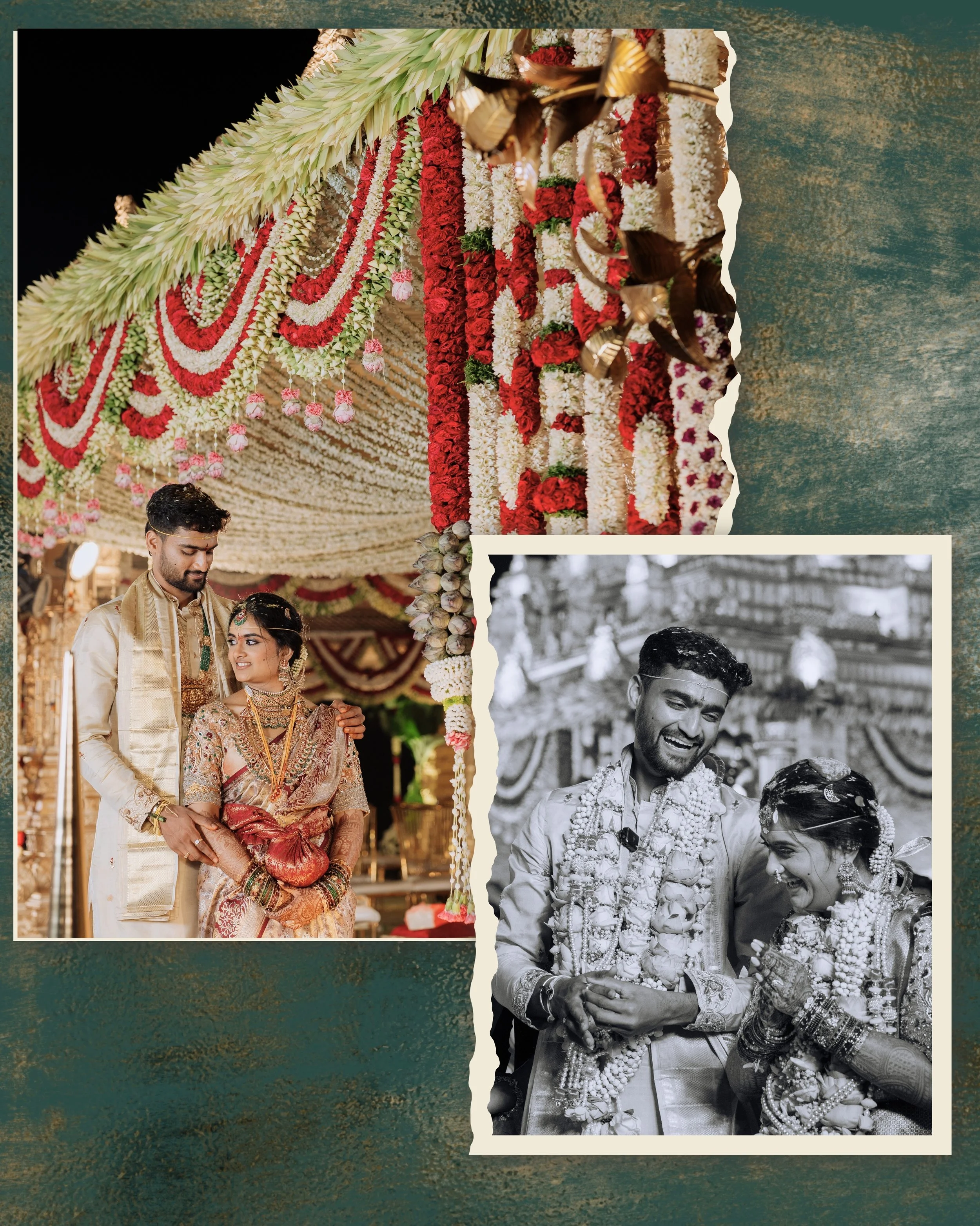 A colorful wedding celebration with floral decorations, including red and white flowers, and a couple dressed in traditional Indian attire. The image features a groom and bride, with the groom wearing cream-colored traditional clothing and the bride 