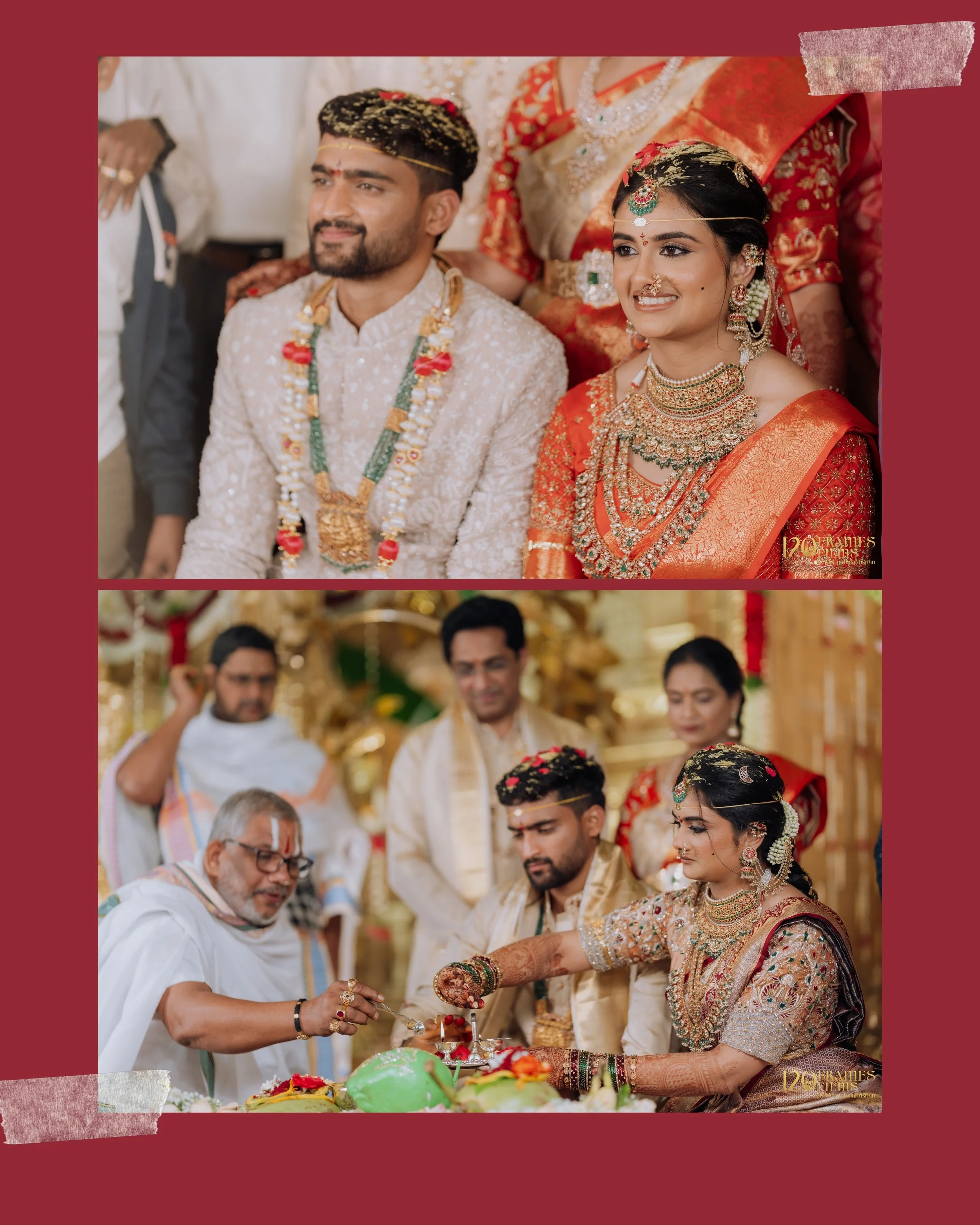 A traditional Indian wedding ceremony with bride and groom dressed in elaborate jewelry and attire, performing rituals with priests and family members.