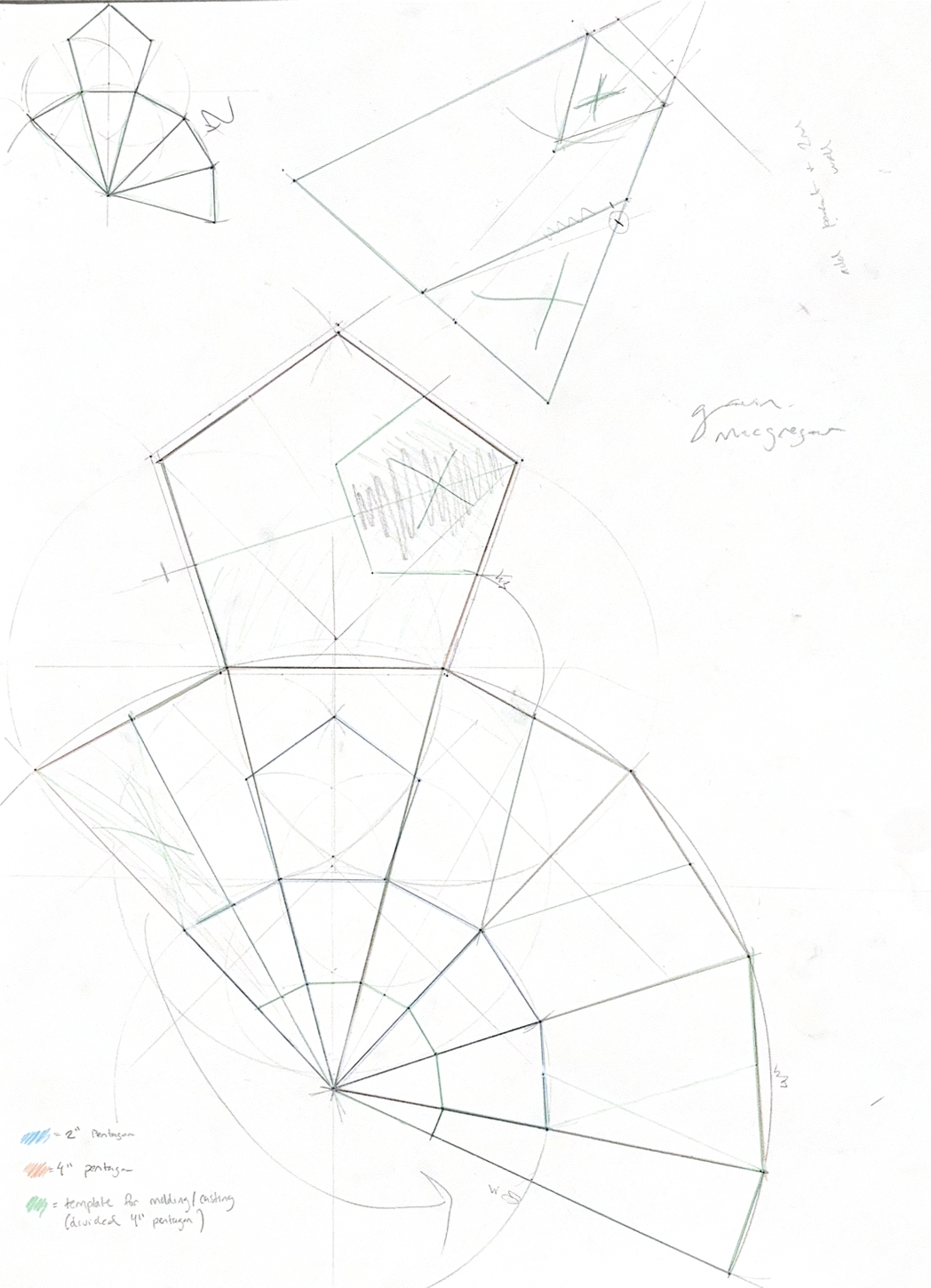 Sketch of geometric designs and structures, including circles, pentagons, and triangles, with notes and color codes for different parts.