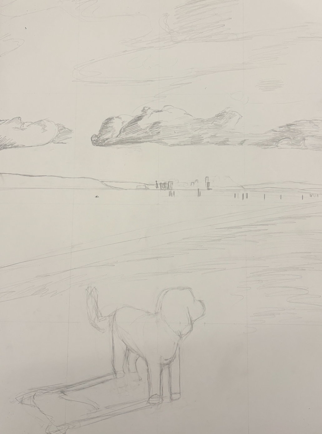 A pencil sketch of a beach scene with clouds in the sky, a distant shoreline with structures, and a dog standing on the sand in the foreground.