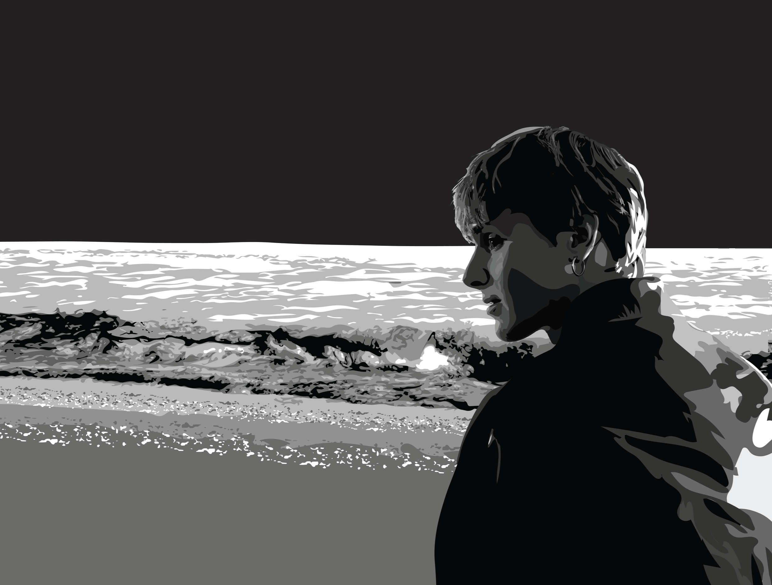 A woman with short hair and earrings, wearing a dark jacket, holding a cigarette, looking out at the ocean during daytime.