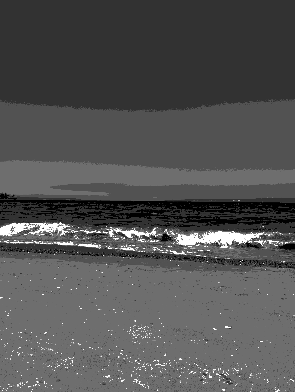Black and white photo of a beach with waves crashing on the shore under a cloudy sky.