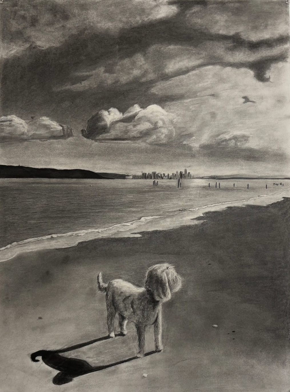 A black and white drawing of a dog standing on a beach with a city skyline and dramatic clouds in the background.