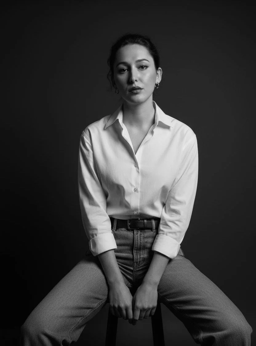 Black-and-white portrait of a young woman with dark hair pulled back, wearing a white button-up shirt and high-waisted jeans, sitting on a stool against a dark background.