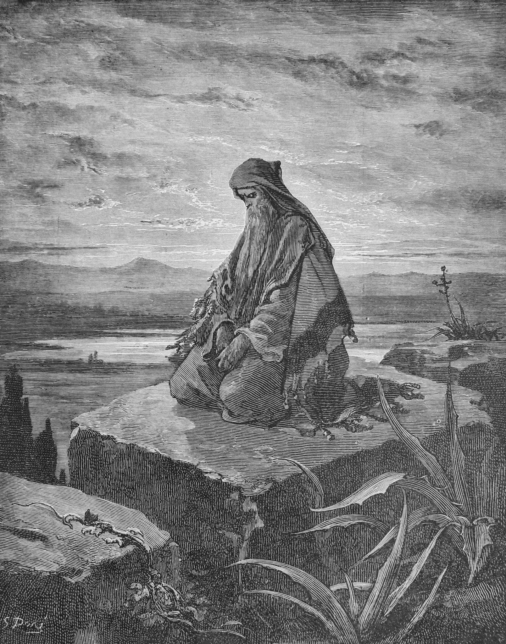 A black and white illustration of a man kneeling on the ground, with a contemplative expression, wearing a traditional hat and long robe, surrounded by nature with plants and clouds in the background.