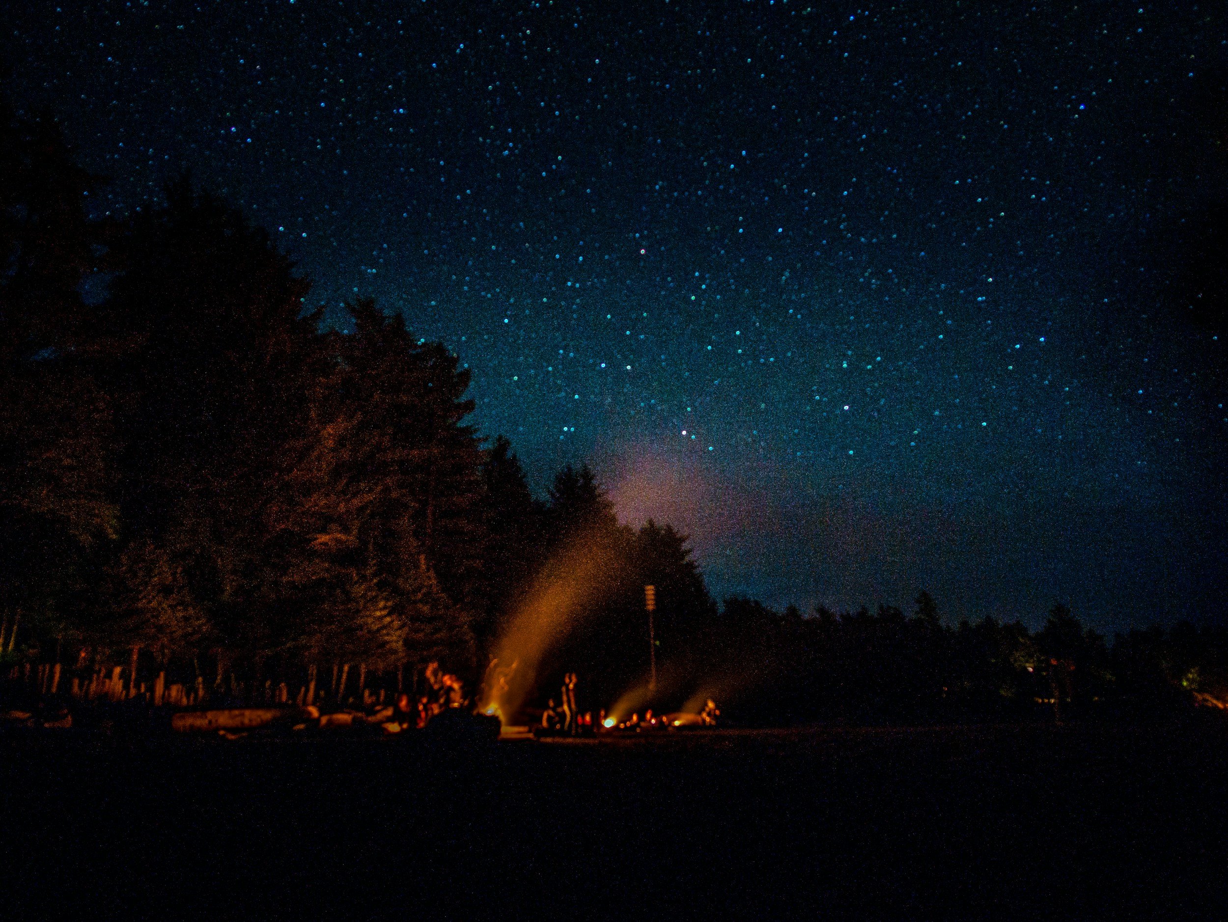 Night sky filled with stars over a landscape with trees and a small fire or light source near the bottom of the image.