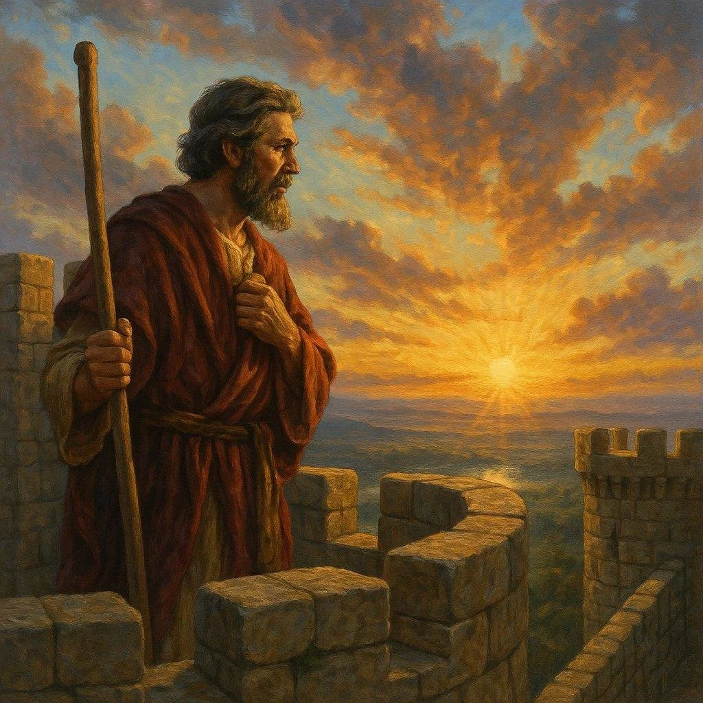 A painting of an older man with a beard and long hair, dressed in robes, standing on a stone fortress wall at sunset, gazing into the distance while holding a staff.