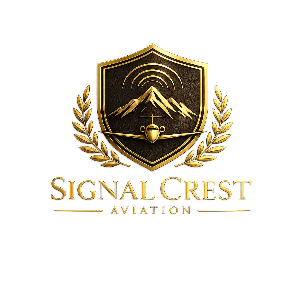 A gold and black emblem with mountains, radar signals, and an airplane, surrounded by laurel leaves, with the text 'Signal Crest Aviation' beneath.