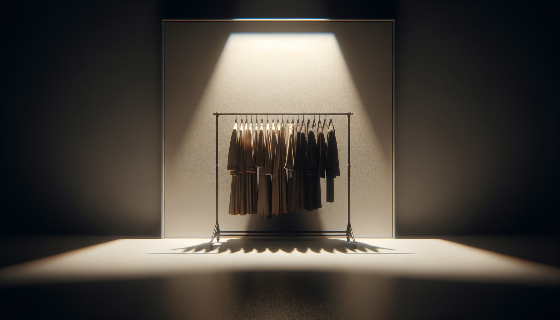 A clothing rack with beige and black coats, illuminated by a spotlight against a plain background.