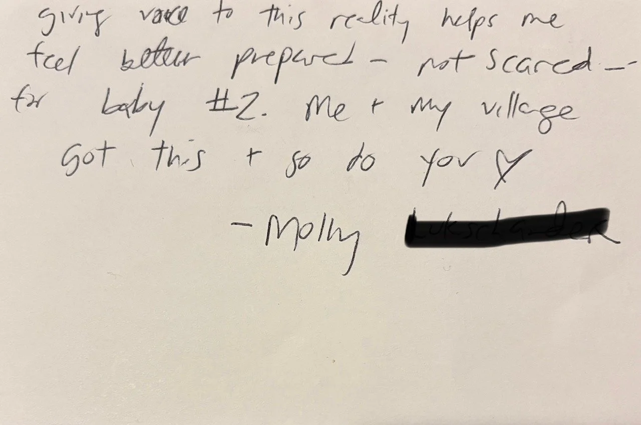 A handwritten note on white paper signed by Molly. The note expresses that giving voice to this reality helps her feel better prepared and less scared, and it’s addressed to someone she cares about.
