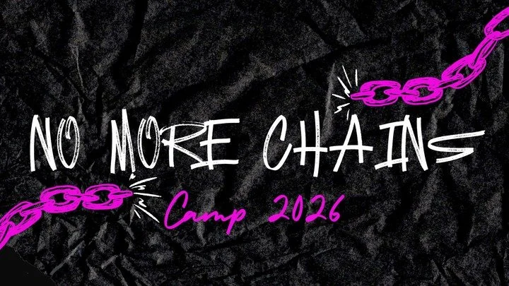 Text reading "No More Chains Camp 2026" with illustrations of broken purple chains on a dark textured background.