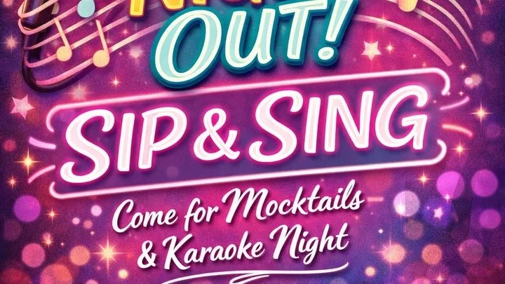 A colorful event poster for a karaoke night featuring mocktails, with bright pink and purple neon-style text and musical notes.