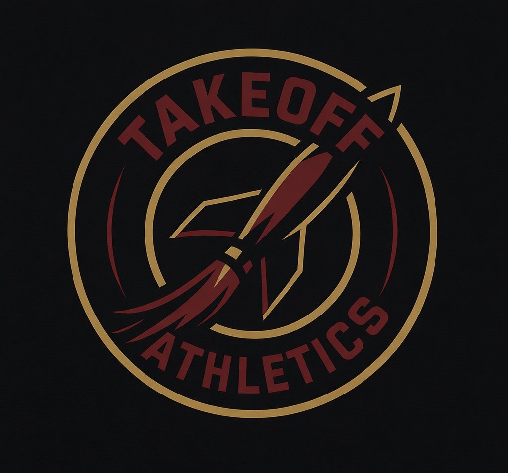 Logo for Takeoff Athletics featuring a stylized arrow and lightning bolt in red and gold colors.