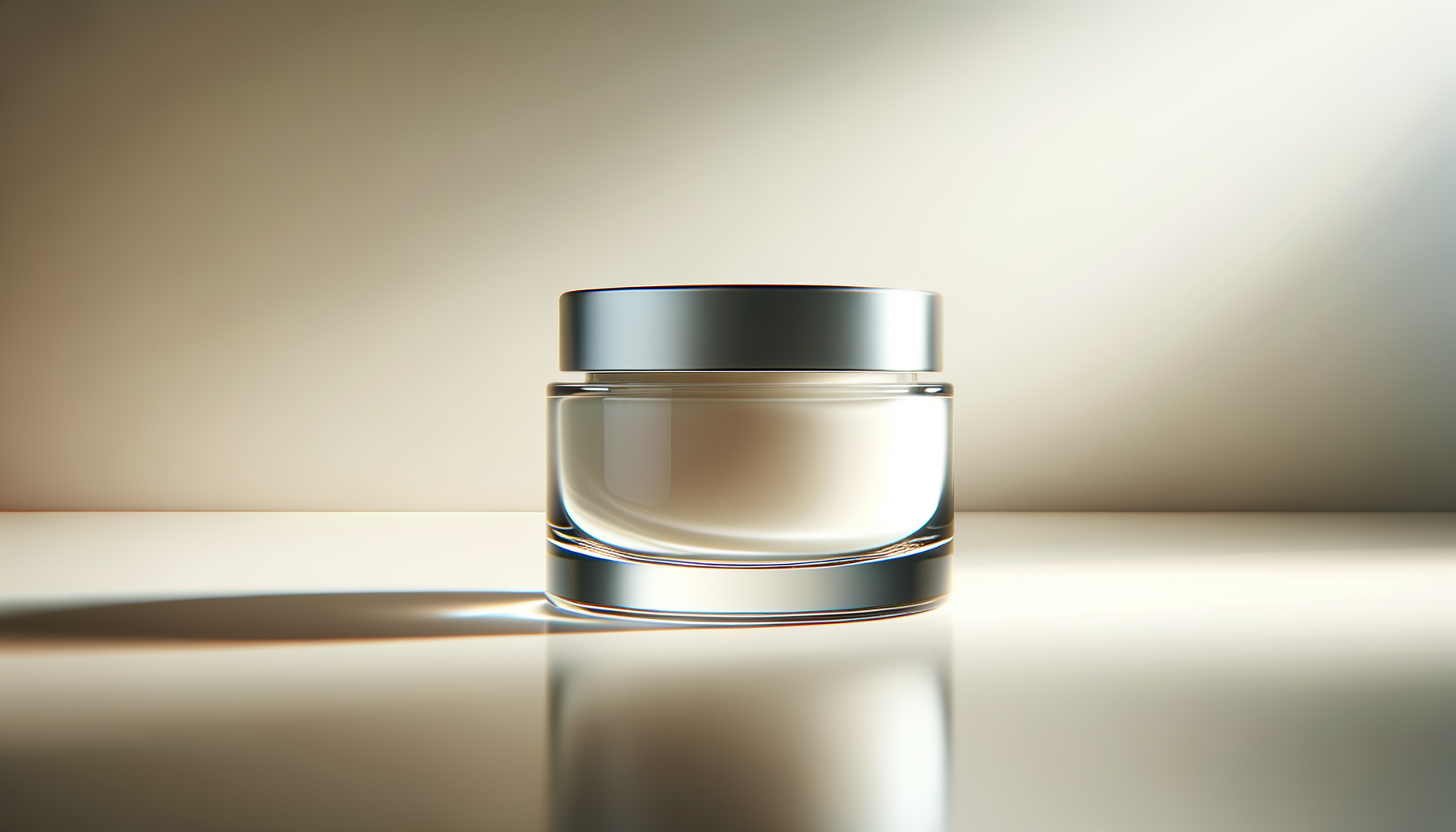 A glass jar with a silver lid on a reflective surface, with a gradient background.