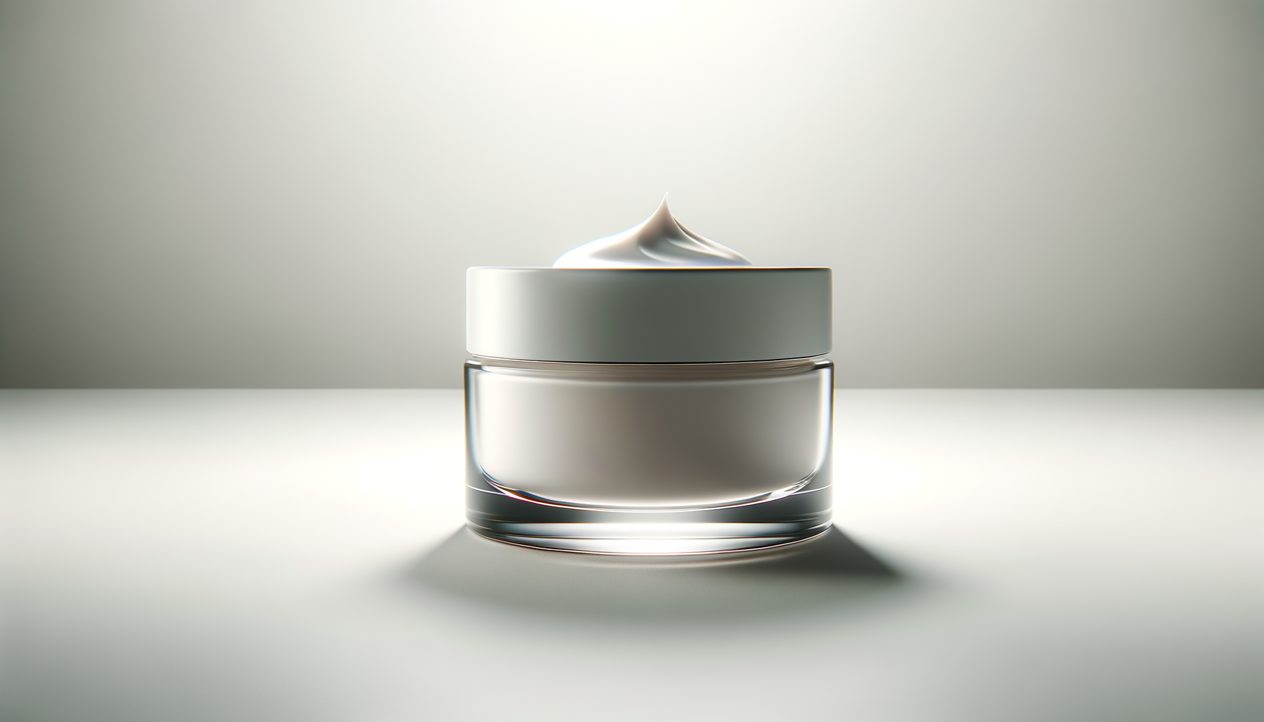 A clear glass jar with a white lid, containing a dollop of white cream or moisturizer, against a plain background.