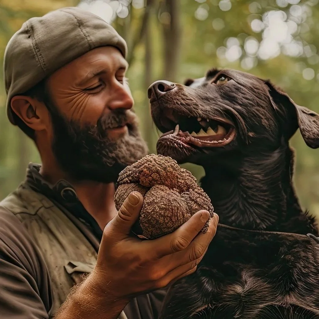 Truffle hunter and dog searching for truffles in the Chianti countryside
