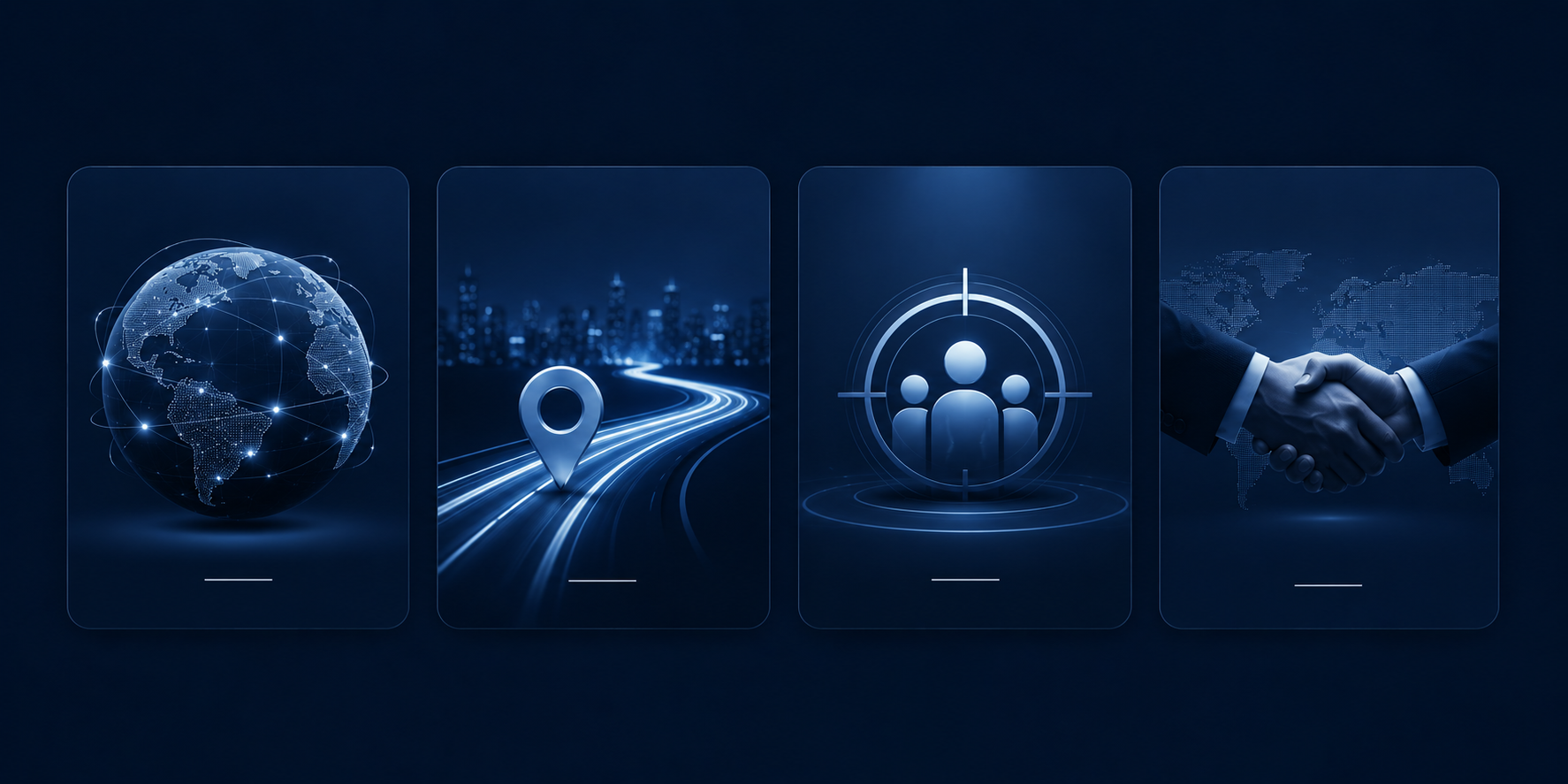 A digital illustration featuring a globe with interconnected points, a city skyline with a glowing road and location marker, people icons in a target, and a handshake with a world map in the background, representing global connectivity and partnerships.
