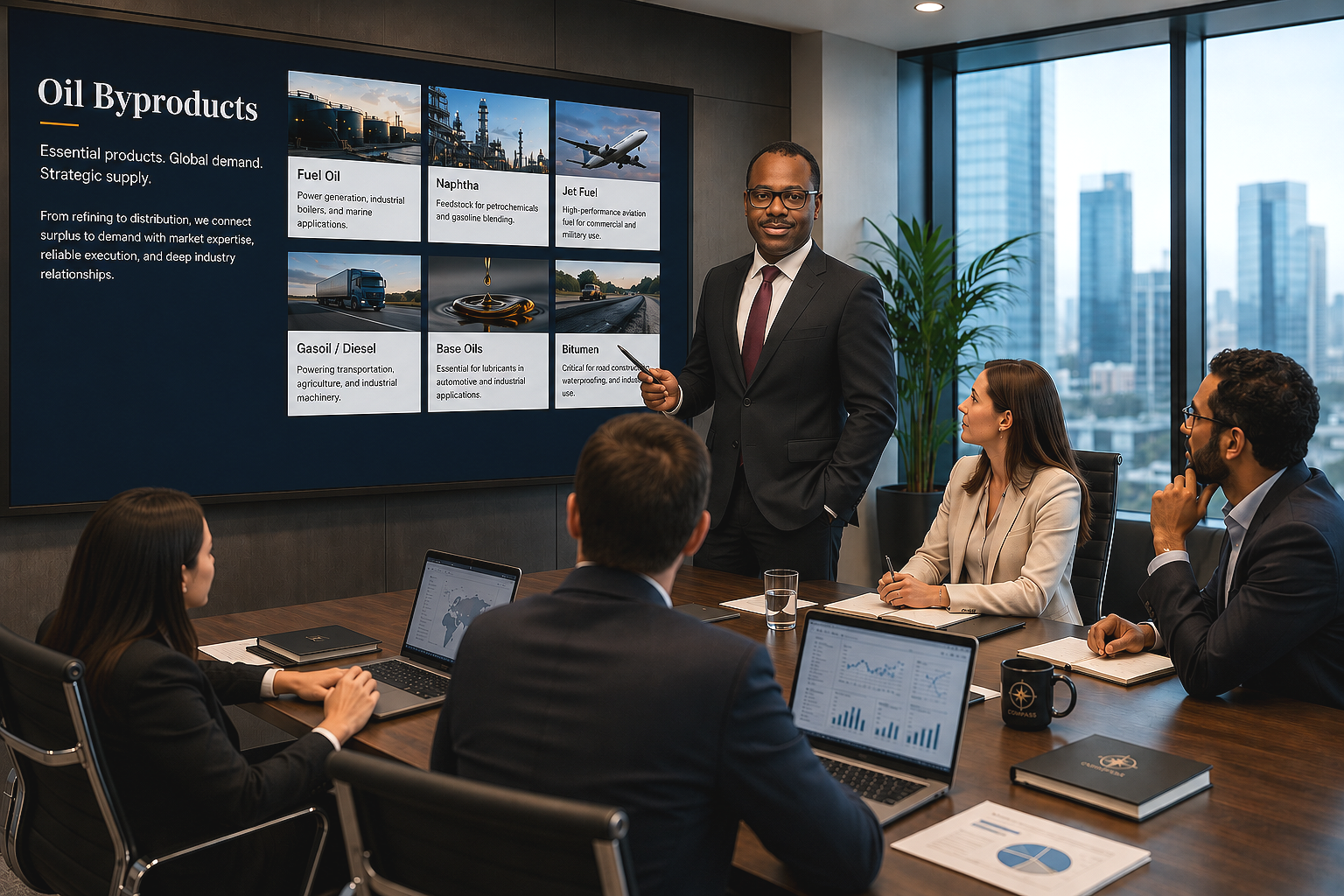 A professional man in a suit giving a presentation about oil byproducts to a group in a modern conference room with large windows and a city view. The presentation slide displays information about fuel oil, naphtha, jet fuel, gasoil/diesel, base oils, and bitumen.