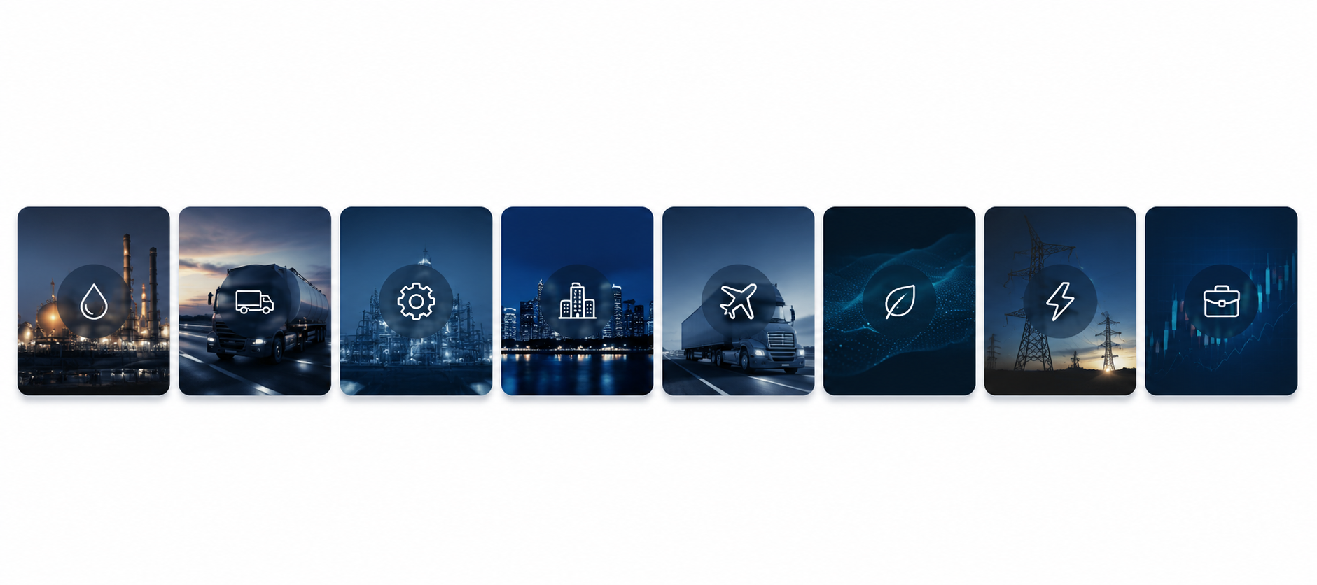 Series of images representing oil and gas industry, transportation, energy, and technology, with icons of a drop of oil, tanker truck, gear, cityscape, airplane, leaf, electricity, power lines, and briefcase