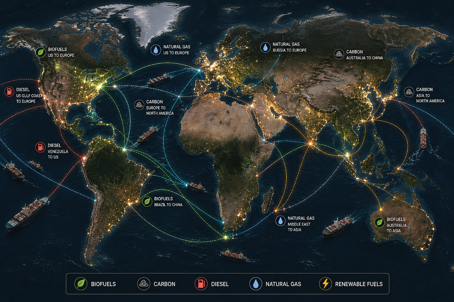 Global map highlighting fossil fuel and biofuel transportation routes with ships and pipelines, indicating sources and destinations for biofuels, coal, diesel, and natural gas across different continents.