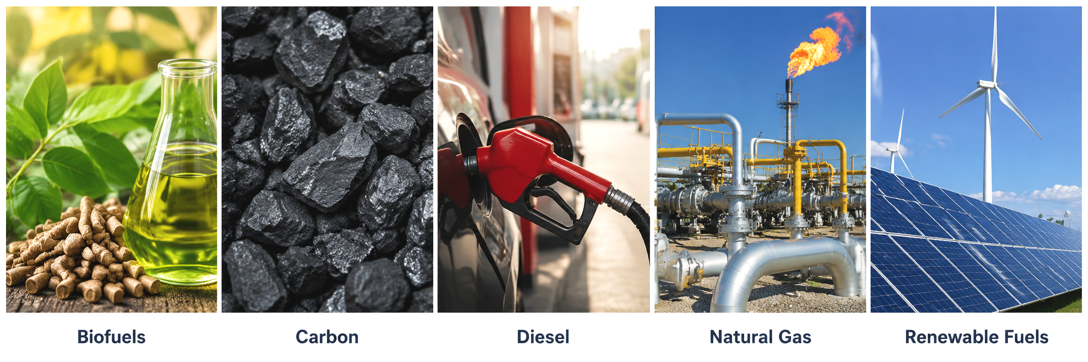 Five images showing different sources of energy. From left to right: biofuels with a test tube of oil, a pile of coal, a car at a gas pump, an oil refinery with a smokestack, and solar panels with wind turbines against a blue sky. Each labeled as Biofuels, Carbon, Diesel, Natural Gas, and Renewable Fuels.