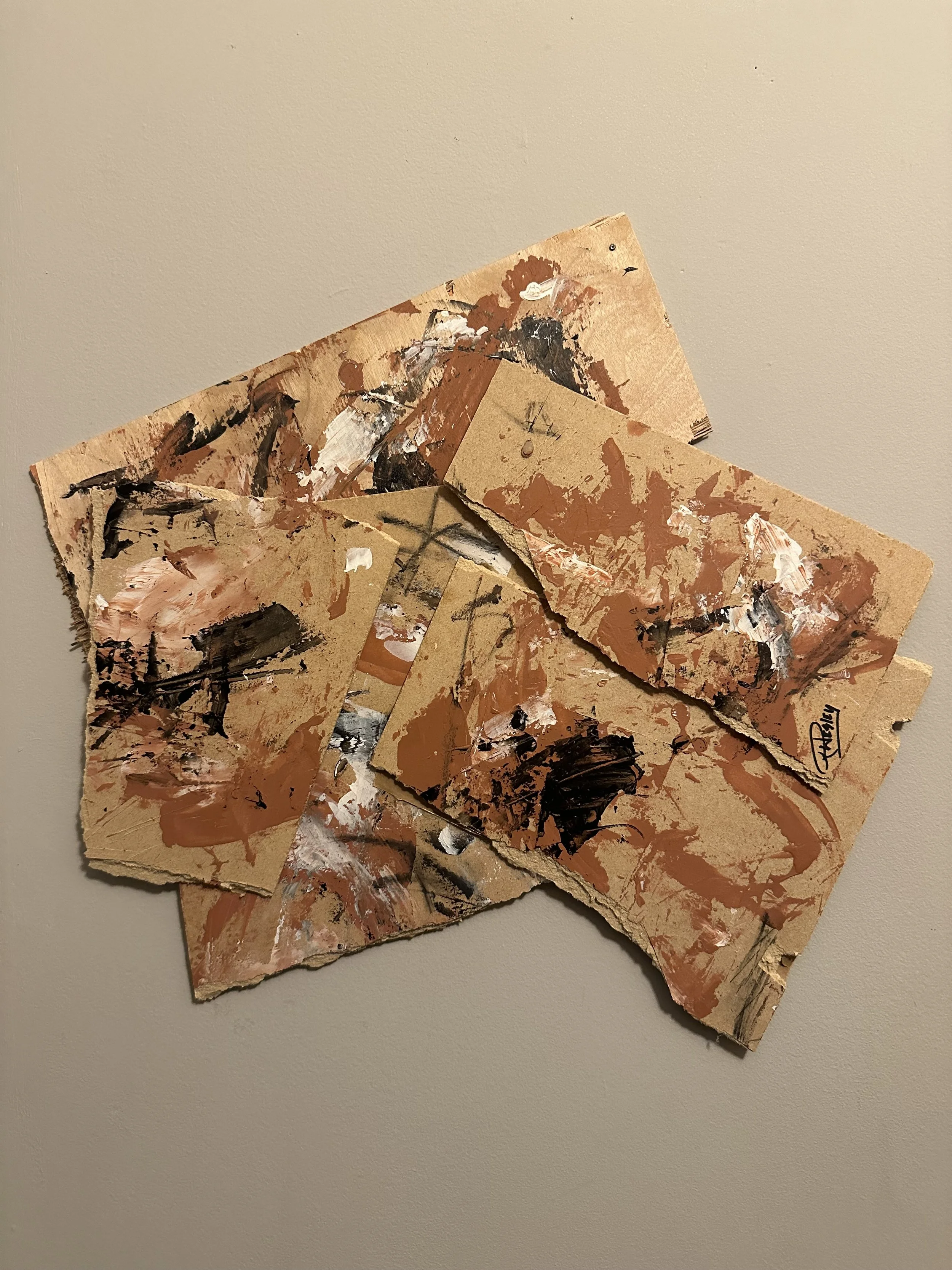 "Broken Art" 2025; 
Acrylic and charcoal on pressed wood