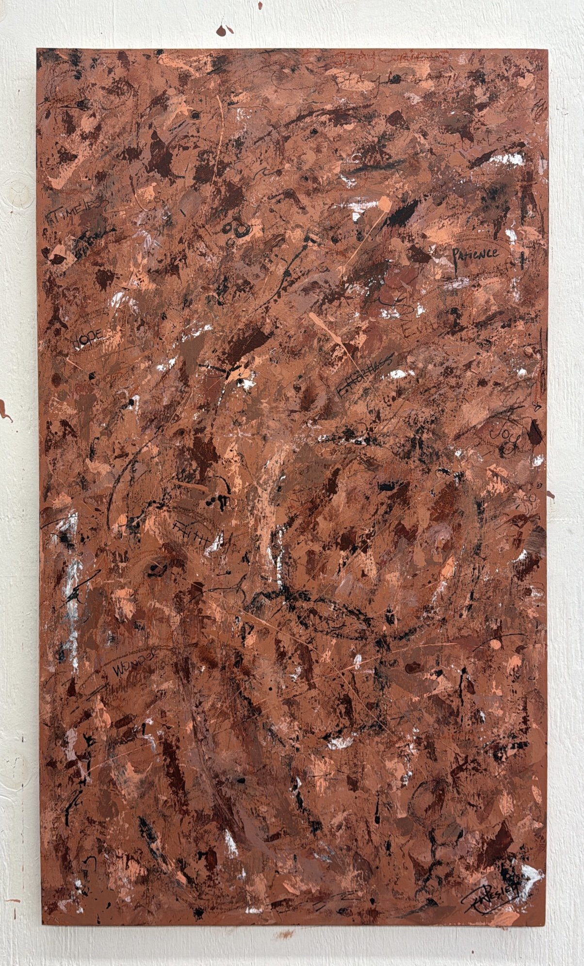 "Coffee Nature" 2026; 
41 in x 23 3/4; 
House paint, acrylic, charcoal, ink, and pastels on framed wood panel 