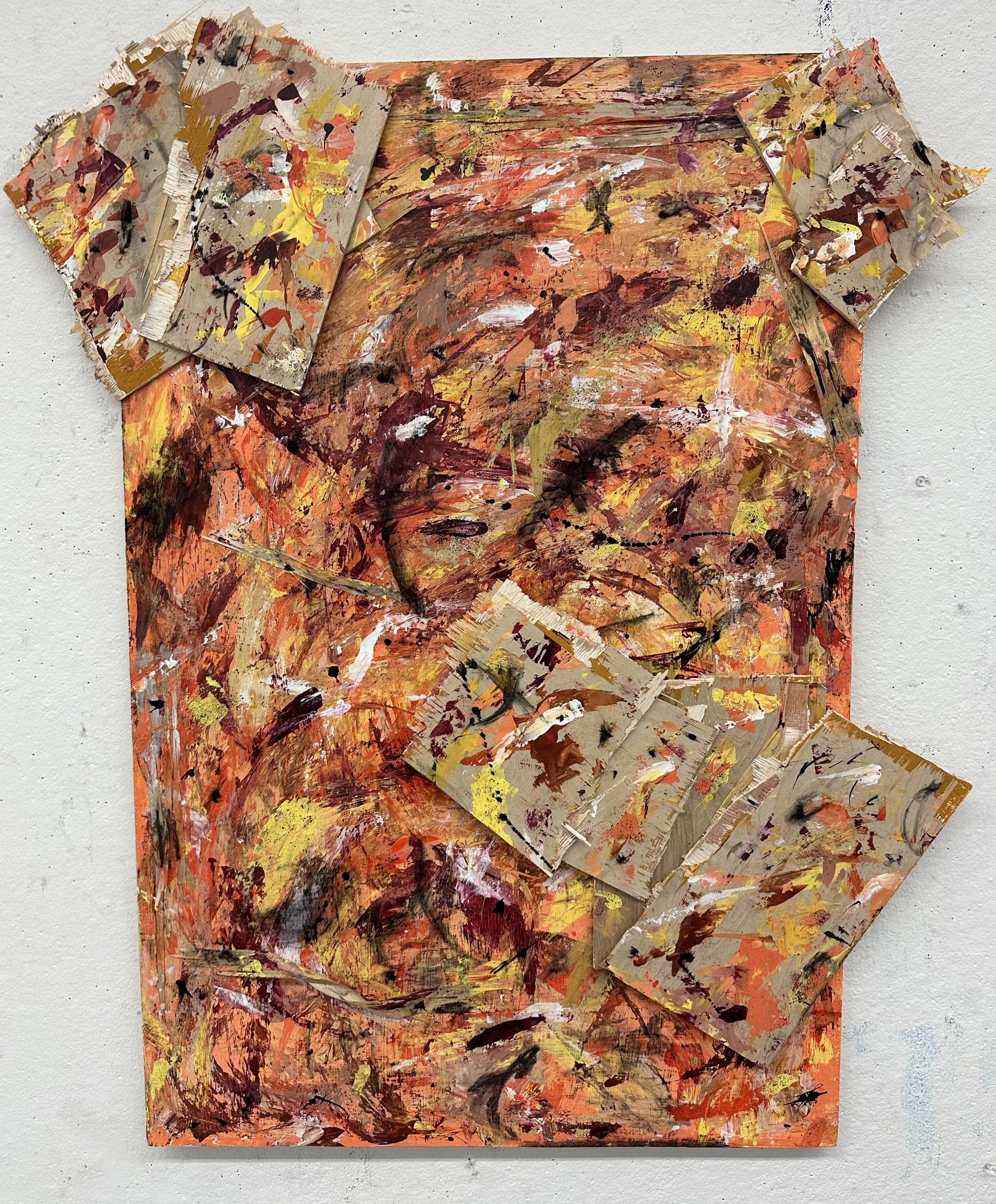 "Colors of Abstraction" 2024; 
House paint, acrylic, charcoal, ink, and wood slabs on framed wood panel 