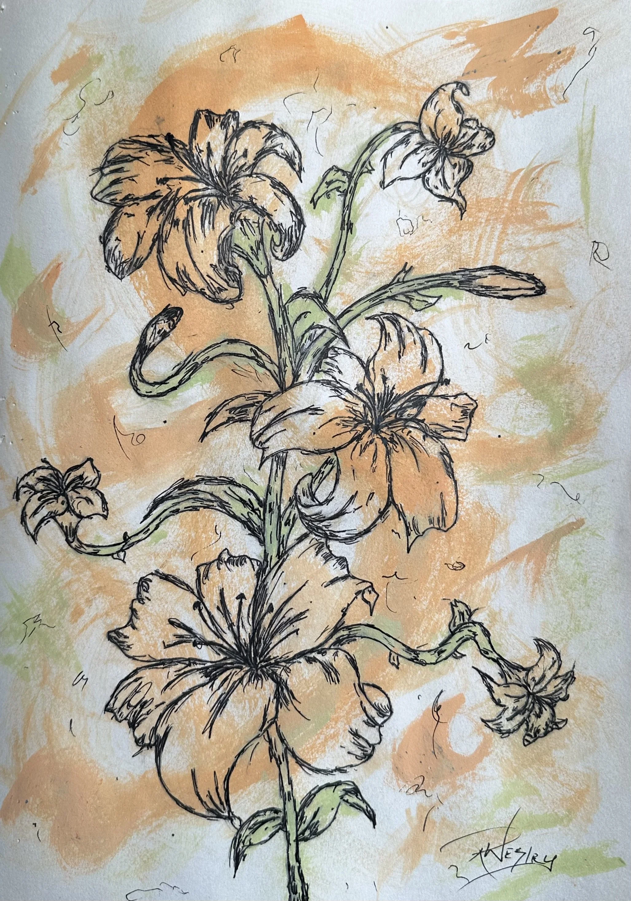 "One Time Blooming" 2023; 
9 x 12 
Acrylic and pink pen on sketchbook paper 