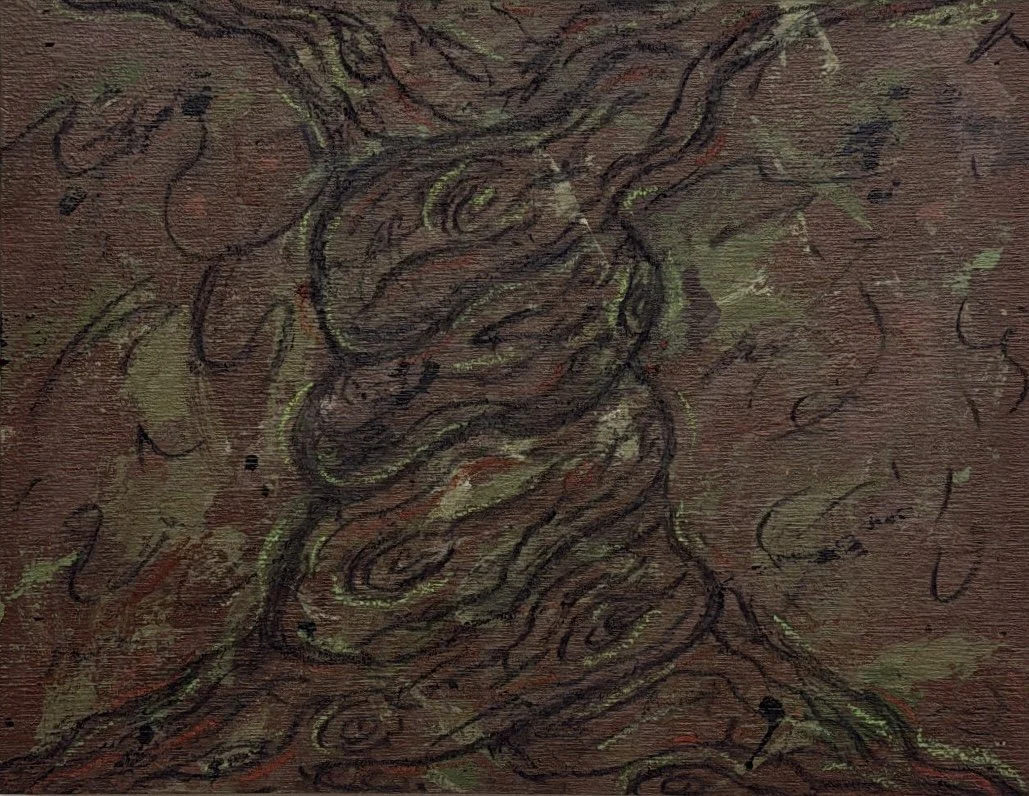 "Winding Tree #1" 2026; 
10 x 13; 
Charcoal, acrylic, and ink on framed wood panel 
